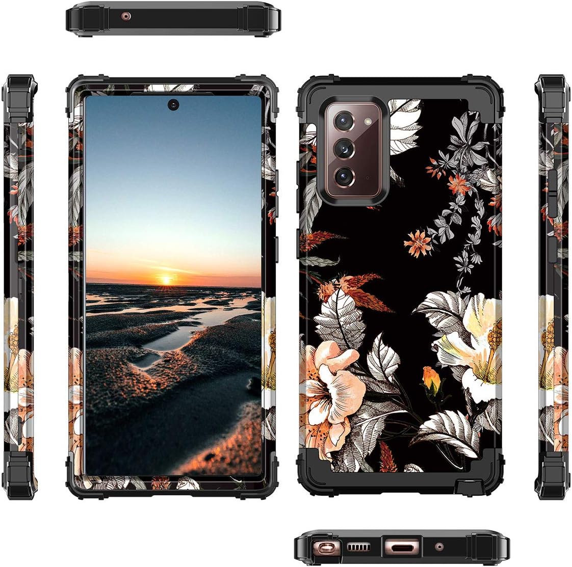 Casetego Compatible with Galaxy Note 20 Case,Floral Three Layer Heavy Duty Hybrid Sturdy Shockproof Full Body Protective Cover Case for Samsung Galaxy Note 20,Orange/Black