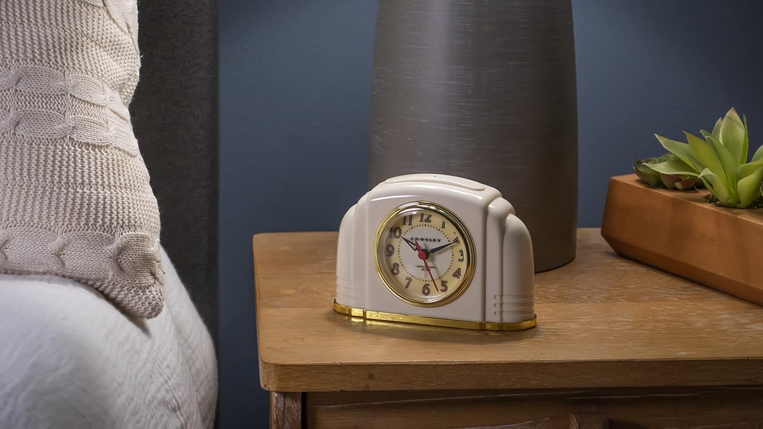 Timelink Crosley Vintage Art Deco Analog Alarm Clock, Quiet No-Ticking Movement, Automatic Dimmable Smart Light, Simple Controls, (Ivory)