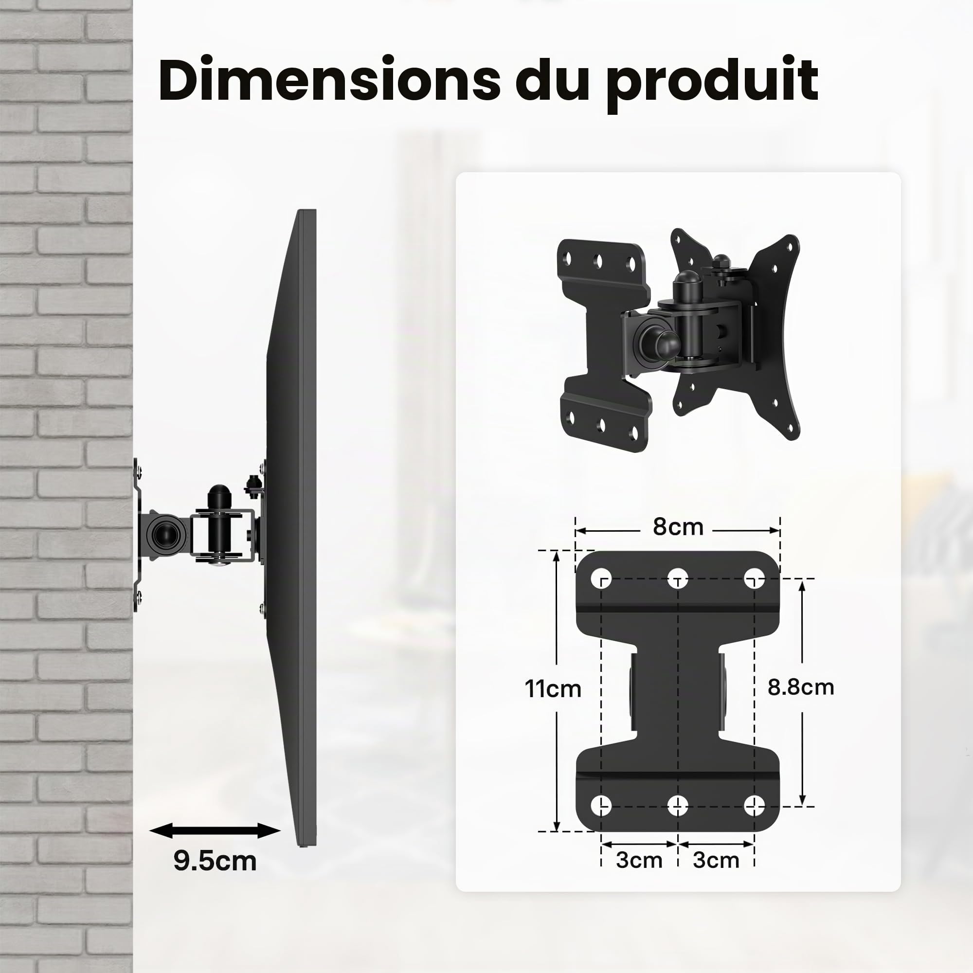 BONTEC Support TV Mural Inclinable et Orientable, Fixation Universelle pour Télévision et Moniteur Plat/Incurvé 13-30 Pouces, VESA 75x75/100x100mm, Charge Max 25kg, Rotation 360°