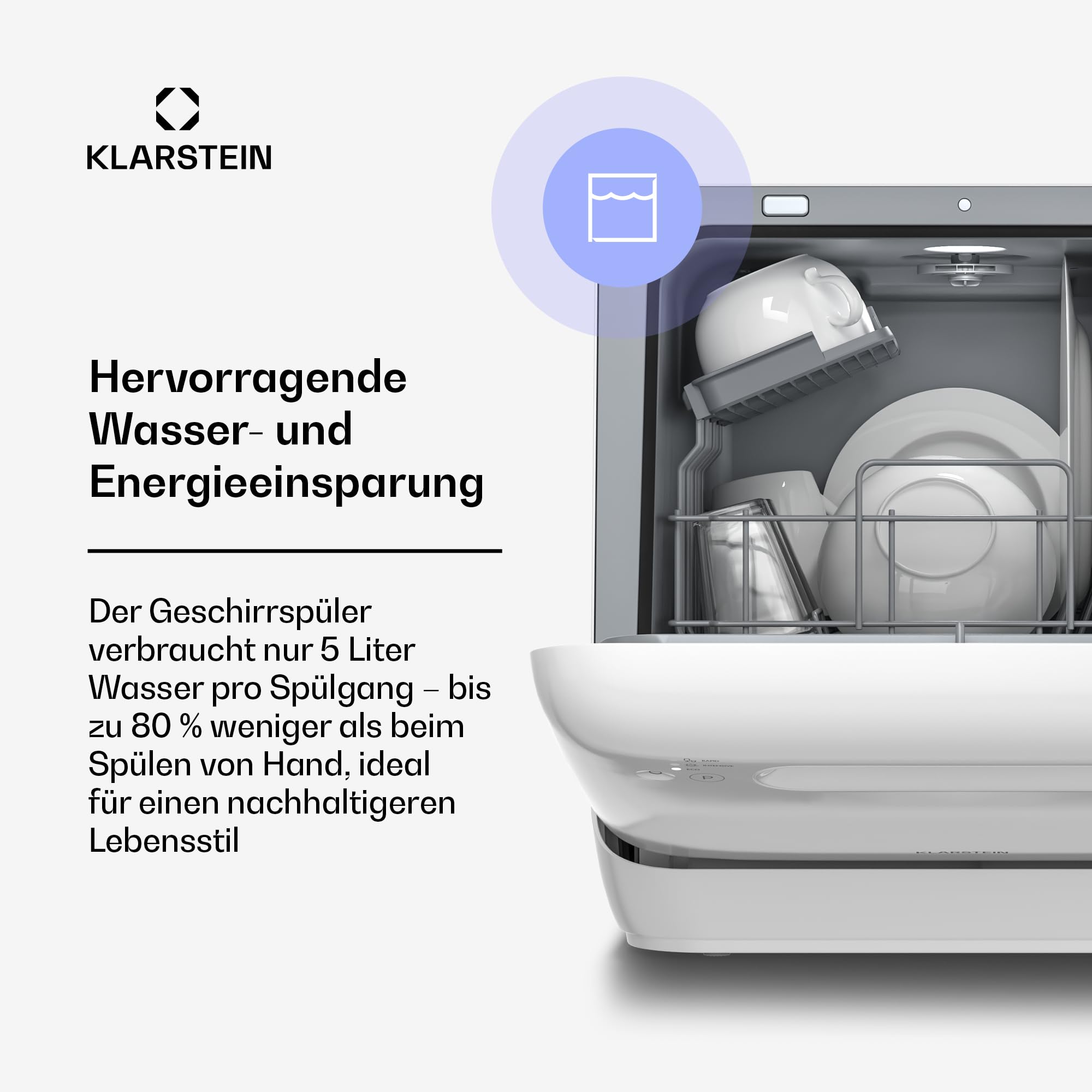 Klarstein Aquatica Tischgeschirrspüler – Kompakter Mini Geschirrspüler, 2 Gedecke, 5L, Ohne Wasseranschluss, 3 Programme, Tischspülmaschine für Kleine Küchen & Camping