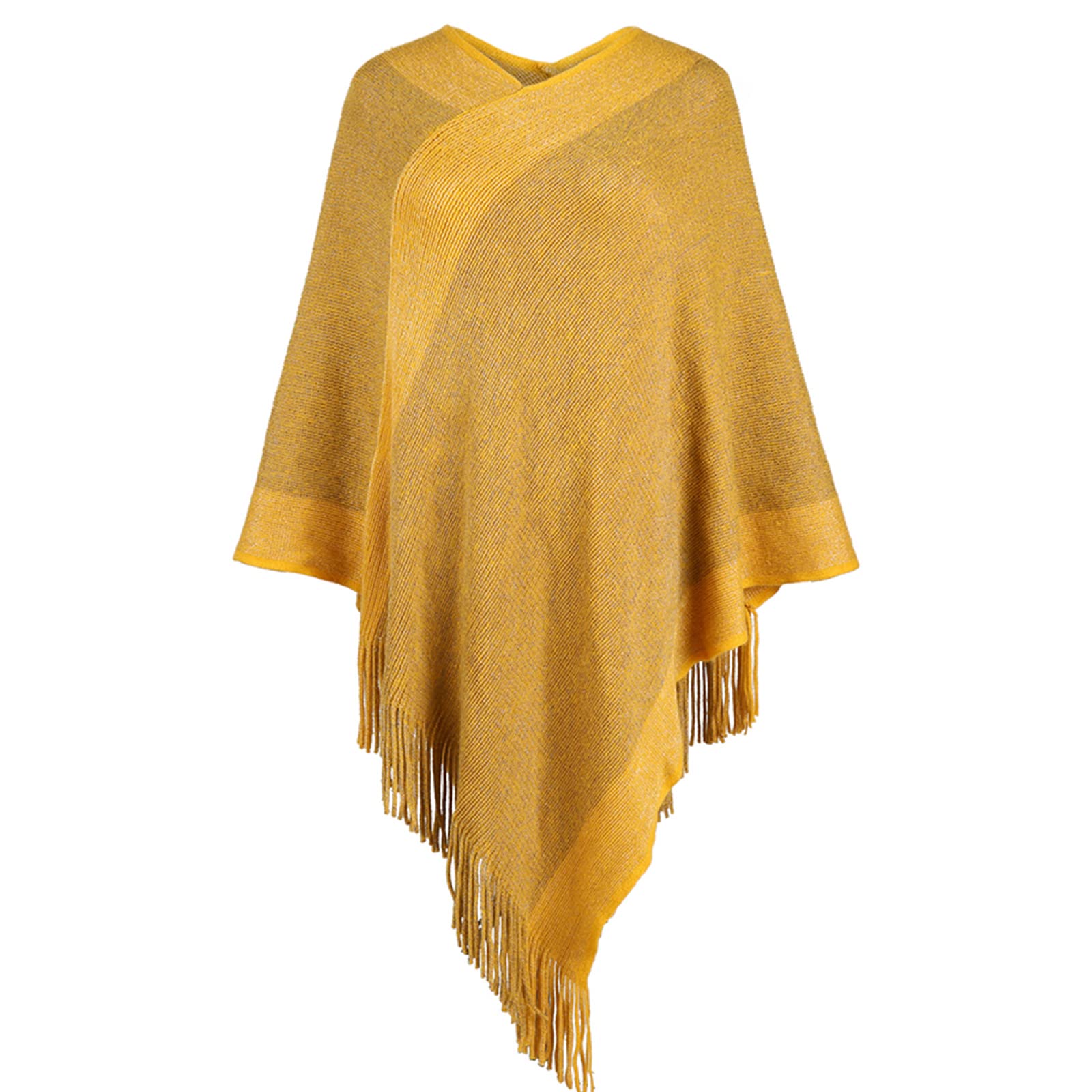 Women's Elegant Knitted Shawl Poncho with Fringed V-Neck Striped Sweater Pullover Cape Gifts for Women Mom
