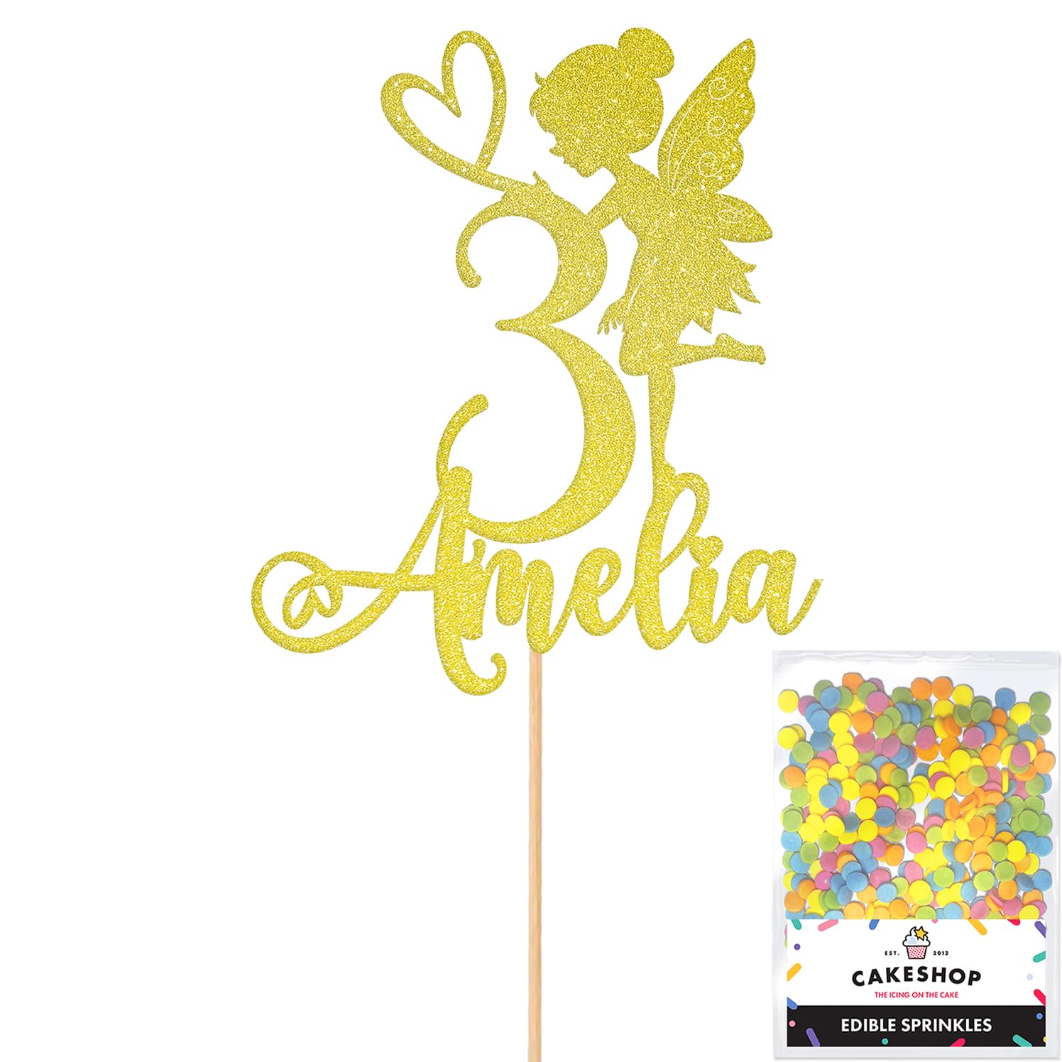 Personalised Fairy Gltter Cake Topper- Champagne Any Custom Name & Age Glitter Cake Decoration and Sprinkles - Happy Birthday Decorations - Personalised Toppers for Cakes by Cakeshop — image 1