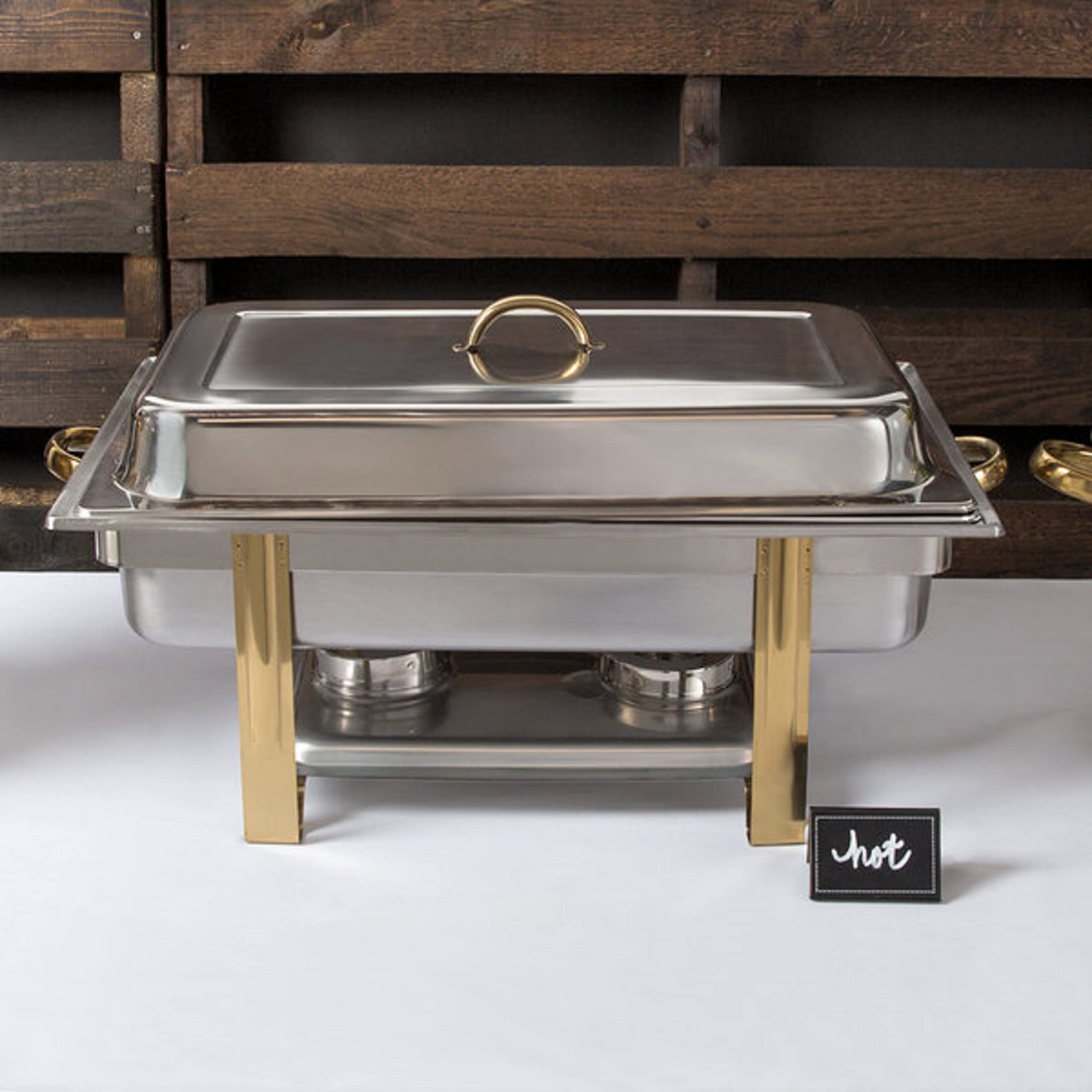 TrueCraftware- 8 Qt. Stainless Steel Full Size Oblong Chafing Dish Gold Accent Complete Set- Food Warmer Chafers and Buffet Warmer Sets for Catering Event Party Holiday Buffet Weddings Catering