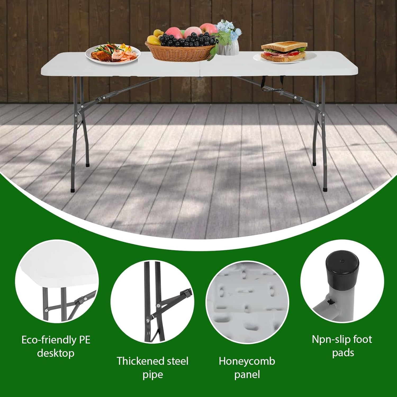 Folding Table Small Table Multipurpose Indoor Outdoor Camping Table Fold-in-Half Utility Dining Table for Picnic Party Camping Portable Desk(154x70x74cm)