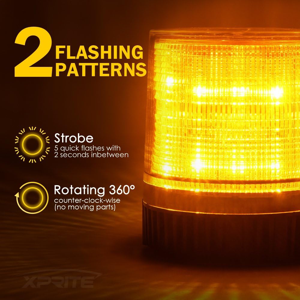 Xprite Amber LED Beacon Light, Forklift Strobe Lights w/Magnetic Base for Construction Vehicles, TowTrucks, Security Patrol, Postal, Golf Carts, UTV ATV, Snow Plows