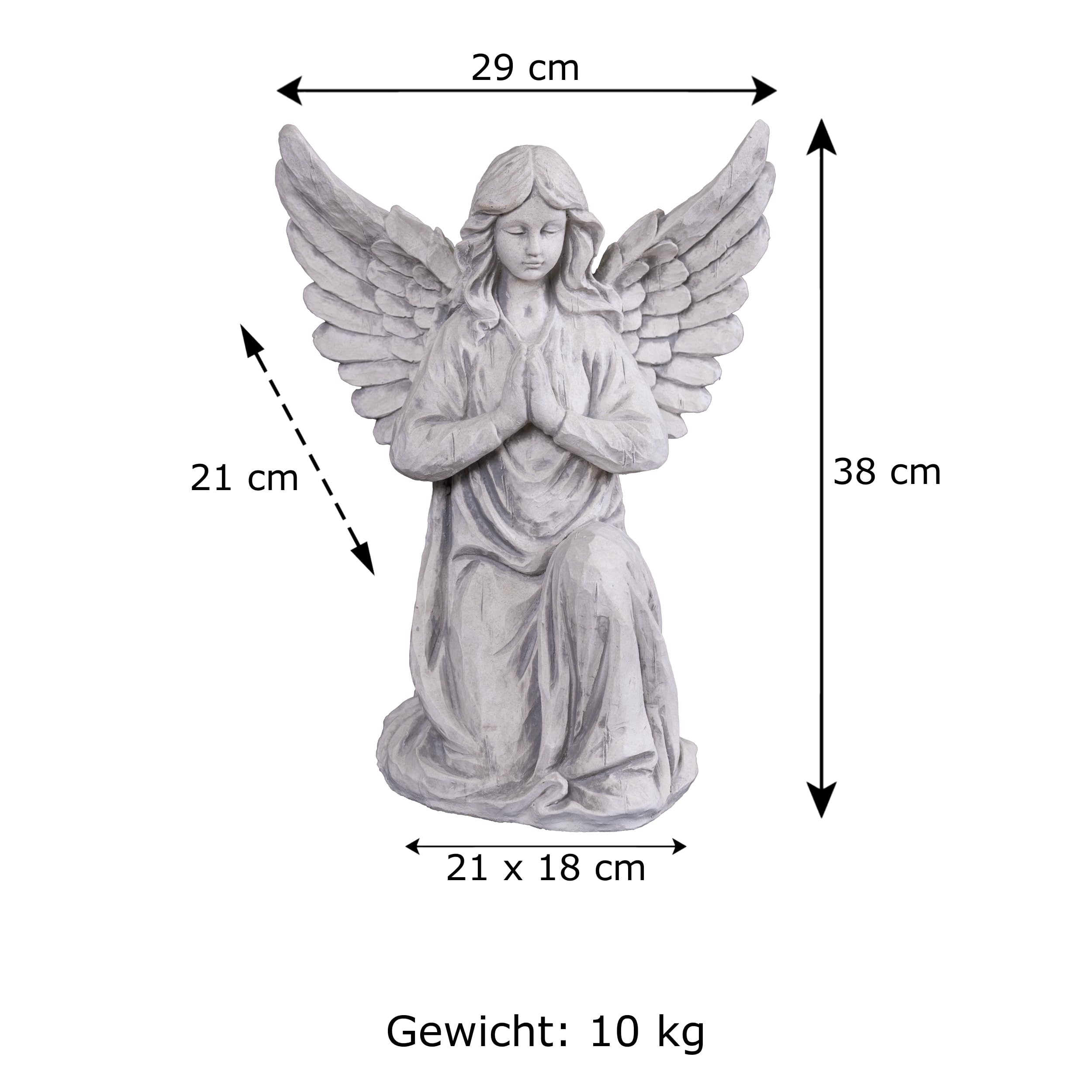 gartendekoparadies.de Angelo da giardino in pietra, in preghiera, altezza 39 cm, calcestruzzo bianco, 10 kg, grigio, resistente al gelo per esterni