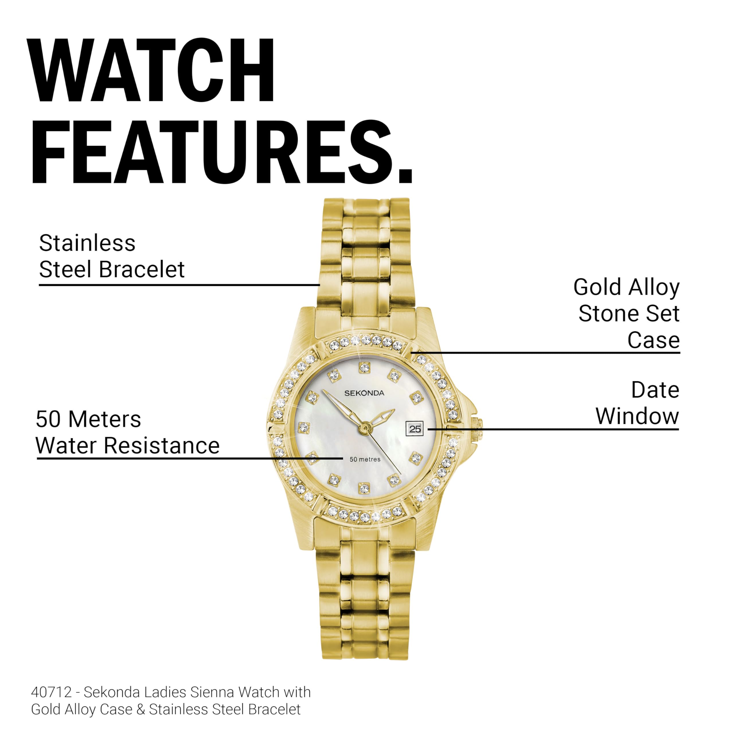 Sekonda Sienna - Reloj de Vestir para Mujer, 28 mm, con Bisel de Piedra, Resistente al Agua hasta 50 m, con Ventana de Fecha