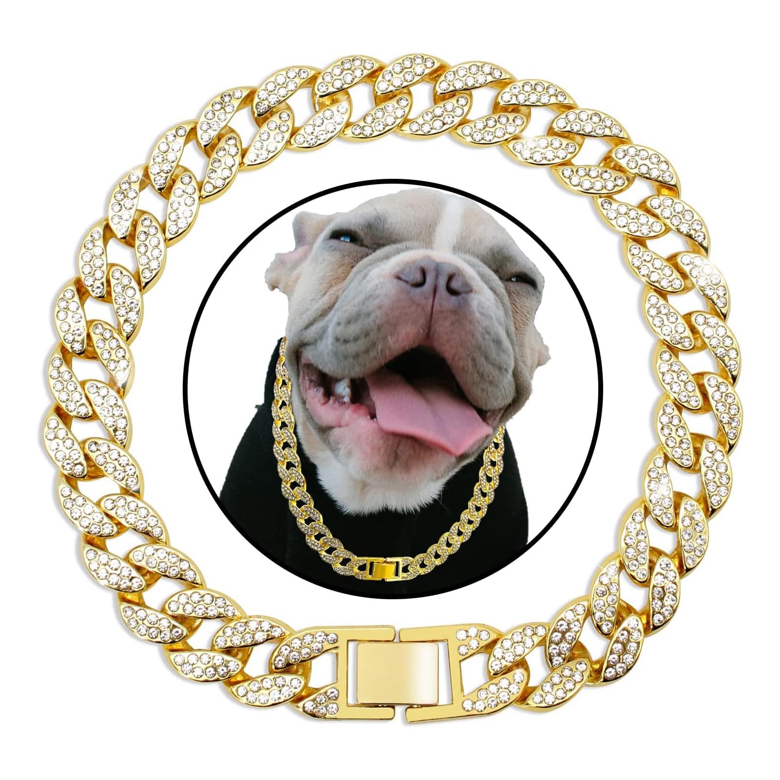 XYHAOAI Dog Chain Silver Cuban Collars, Diamond Cuban Collar Walking Metal Chain Collar with Design Secure Buckle, for Small Medium Large Dogs Cats,Gold,20inch 50cm