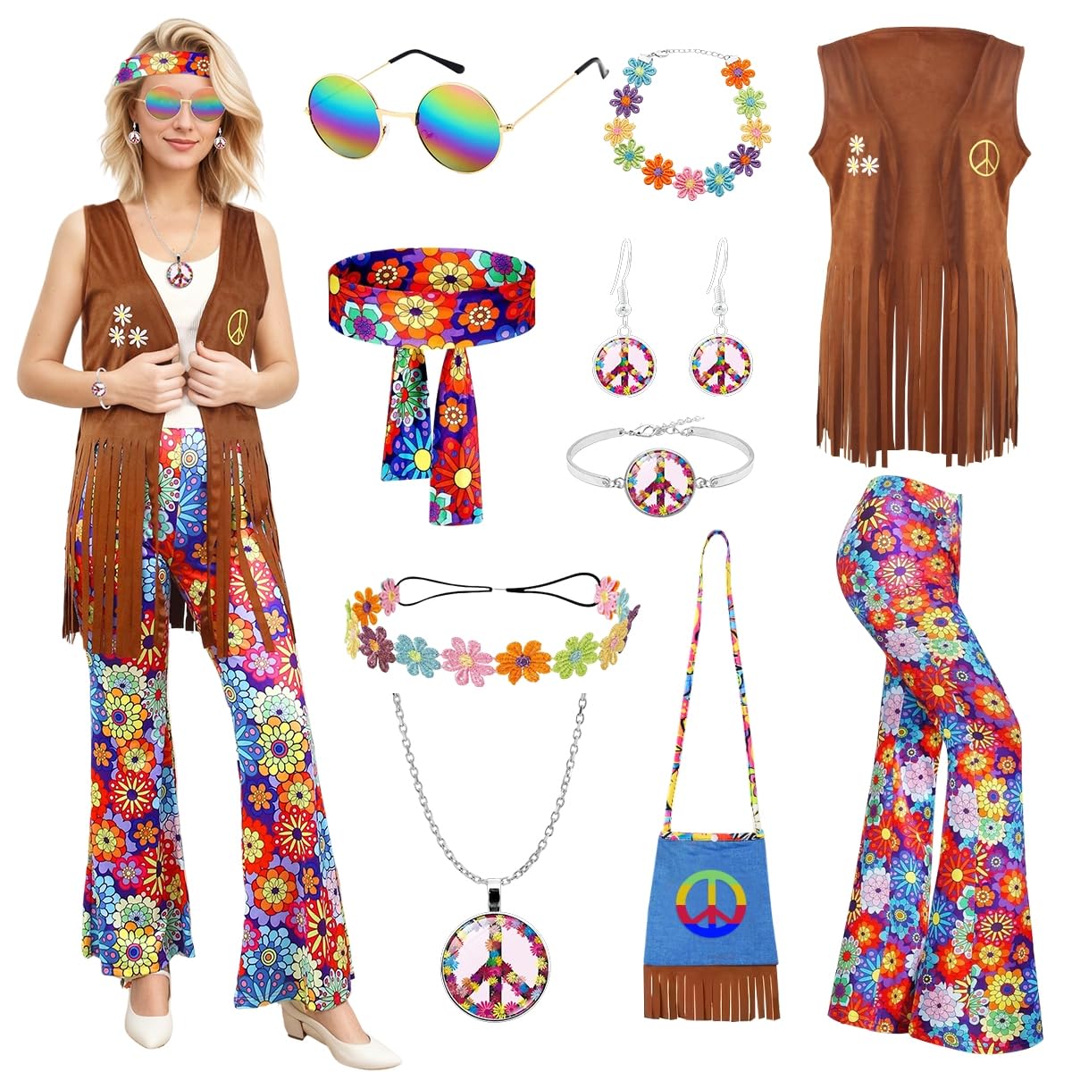 Disfraz Hippie Mujer, Disfraz Años 70 con Vestido Hippie Chaleco Pantalón Los 70 Accesorios, Ropa Años 70, Ropa Disco para Carnaval Fiesta Cosplay Halloween Navidad