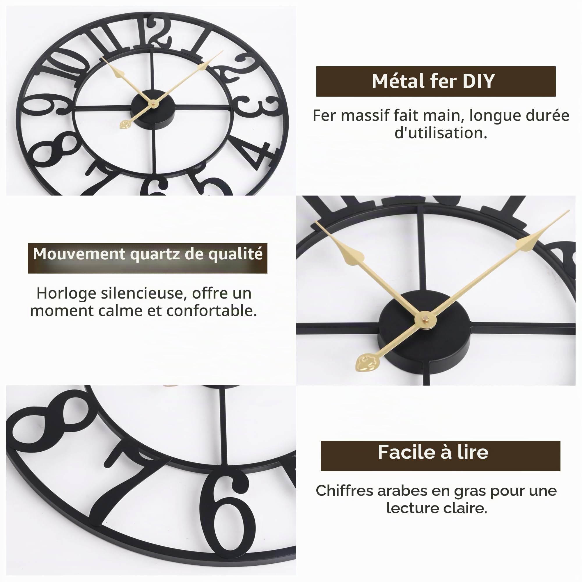 Maxstar Grande Horloge Murale,silencieuse sans tic,tac Chiffres Arabes, Horloge Murale à Quartz, Fonctionnement à Pile, Facile à Lire, pour la Maison, la Cuisine, la Chambre à Coucher 40 cm