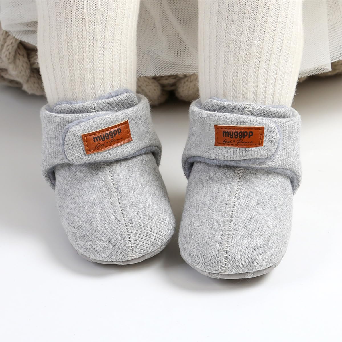 E-FAK Newborn Baby Cozy Fleece Booties with Grippers Winter Slippers Socks Soft Sole Stay On Infant First Walker Crib Shoes(11 Light grey, 0-6 Months)