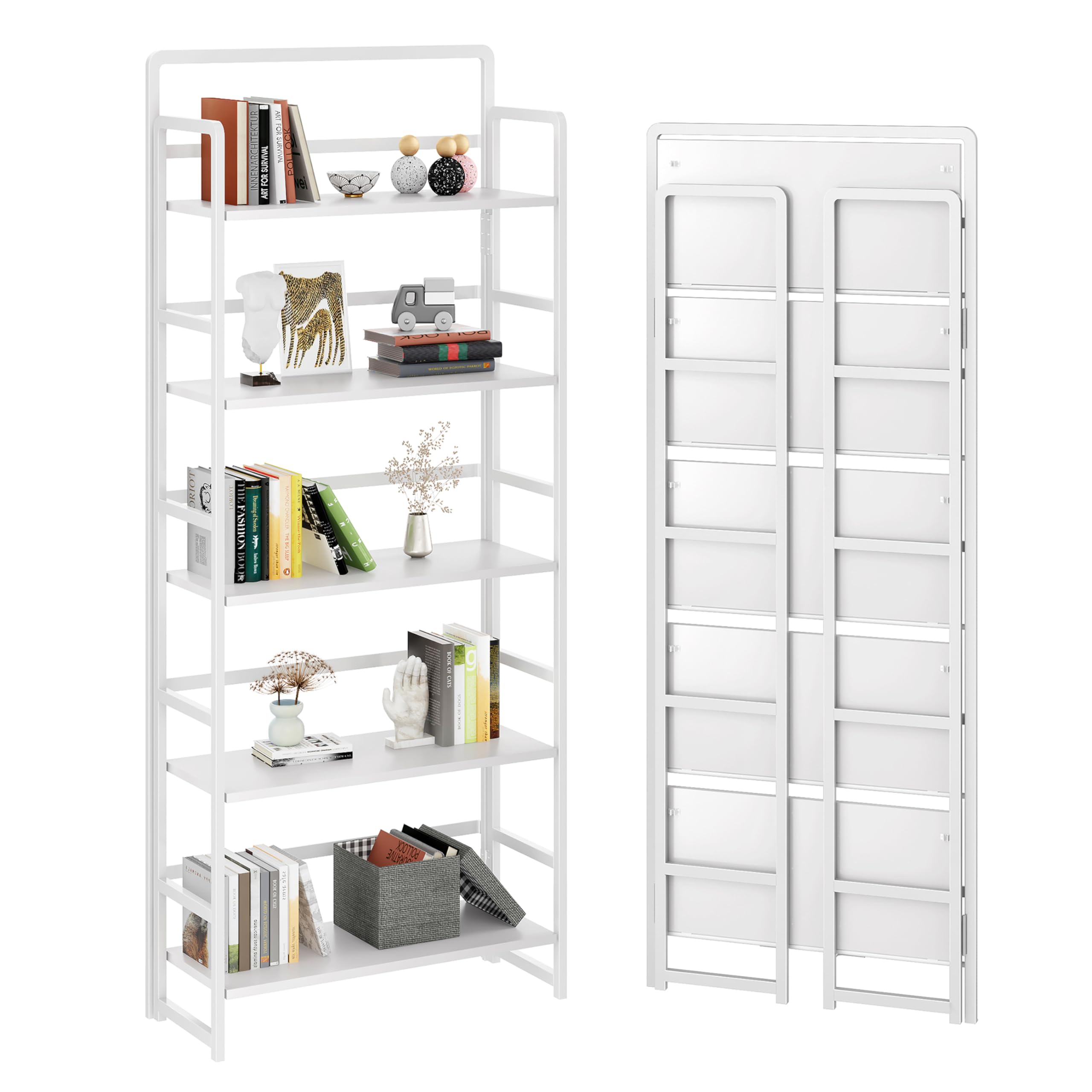 4NM No-Assembly 5 Tiers Folding Bookshelf Storage Shelves Vintage Bookcase Standing Racks Study Organizer Home Office (All White)