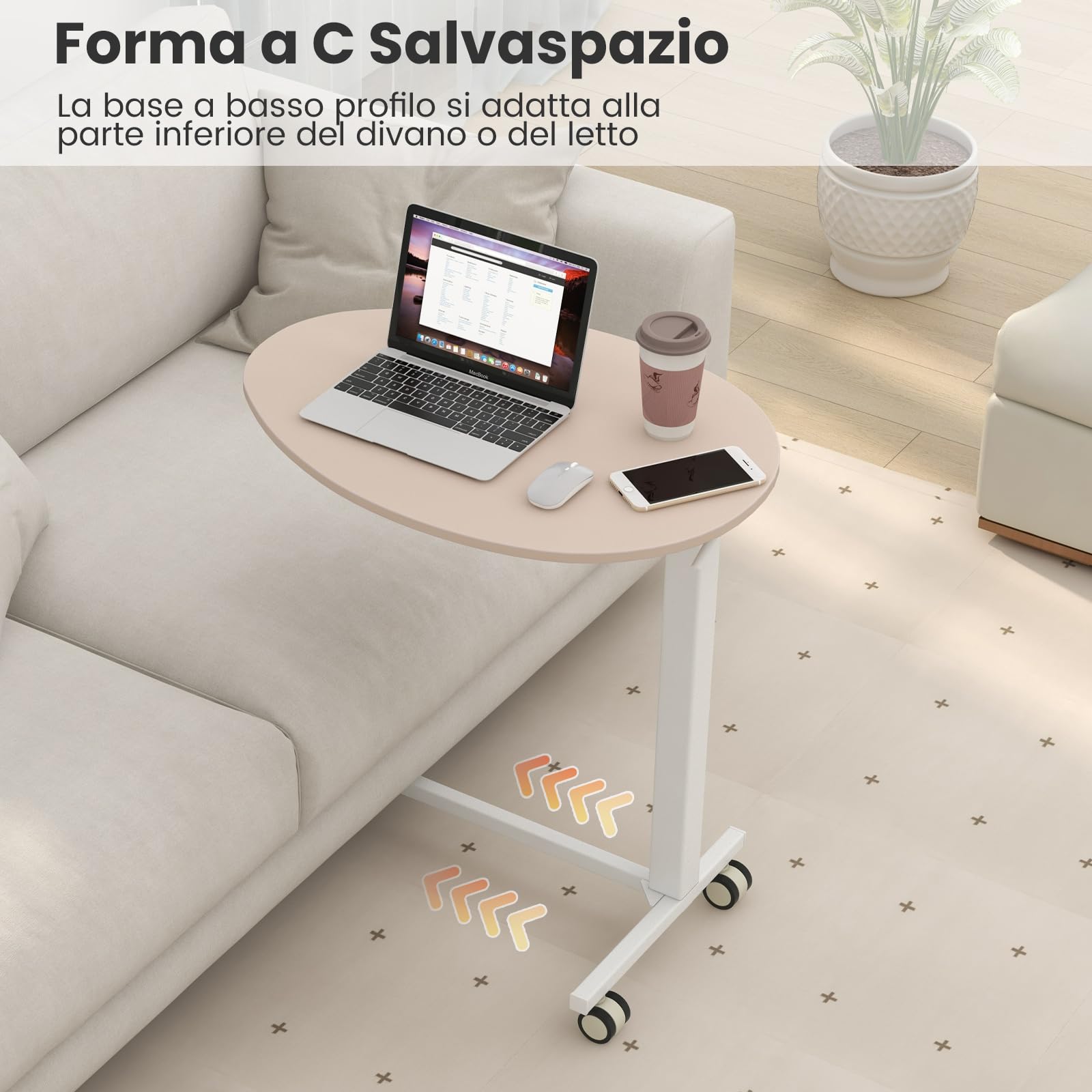 COSTWAY Tavolino da Letto e Divano per PC, Tavolino Regolabile in Altezza con Ruote Bloccabili e Piano Ovale, Tavolo per Mangiare e Lavorare, 76 x 50 x 74-108 cm