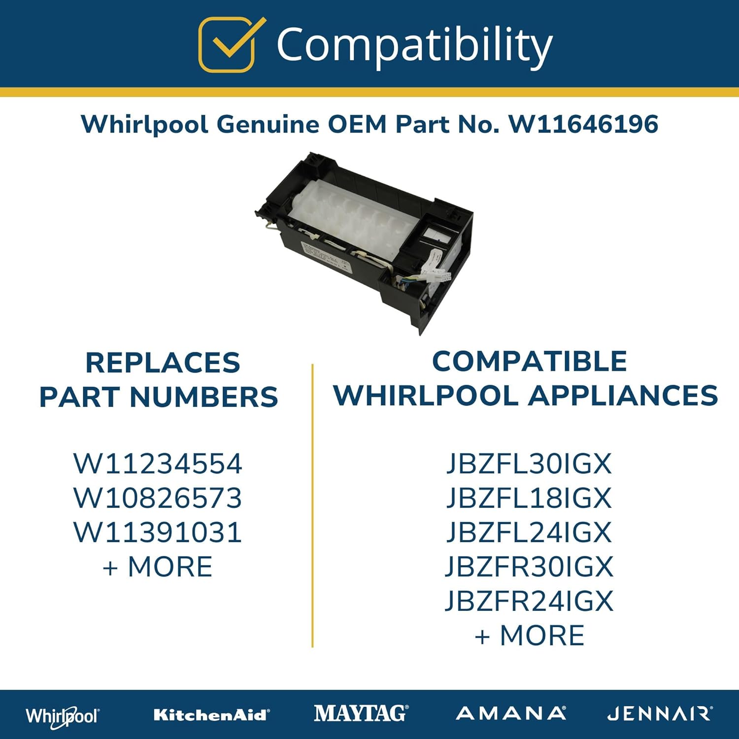 Whirlpool W11646196 Genuine OEM Freezer Ice Maker Fill Tube Heater Replacement Part - Replaces W11234554, W10826573, and W11391031