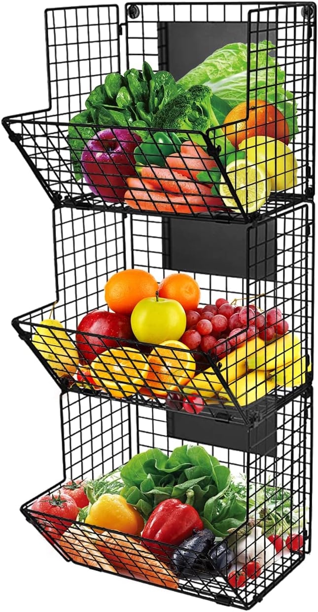 Melody House 3-Tier Wall Mounted Storage Basket Foldable Organizer, Hanging Metal Wire Basket with Chalkboards, Kitchen Fruit Produce Pantry Bathroom Laundry Organization Office Garage Storage, Black