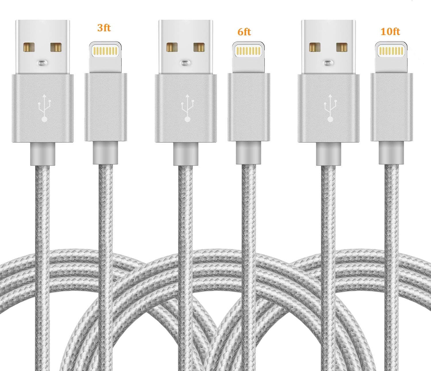 Marchpower USB Lightning Cable 3Pack 3ft 6ft 10ft iPhone Charging Cord Nylon Braided Fast Charging Cable iPad (2020) iPhone SE 11 X Xs Max XR 8/7 /6S /6 Plus 5 5S 5C SE iPod iPad Pro Gray