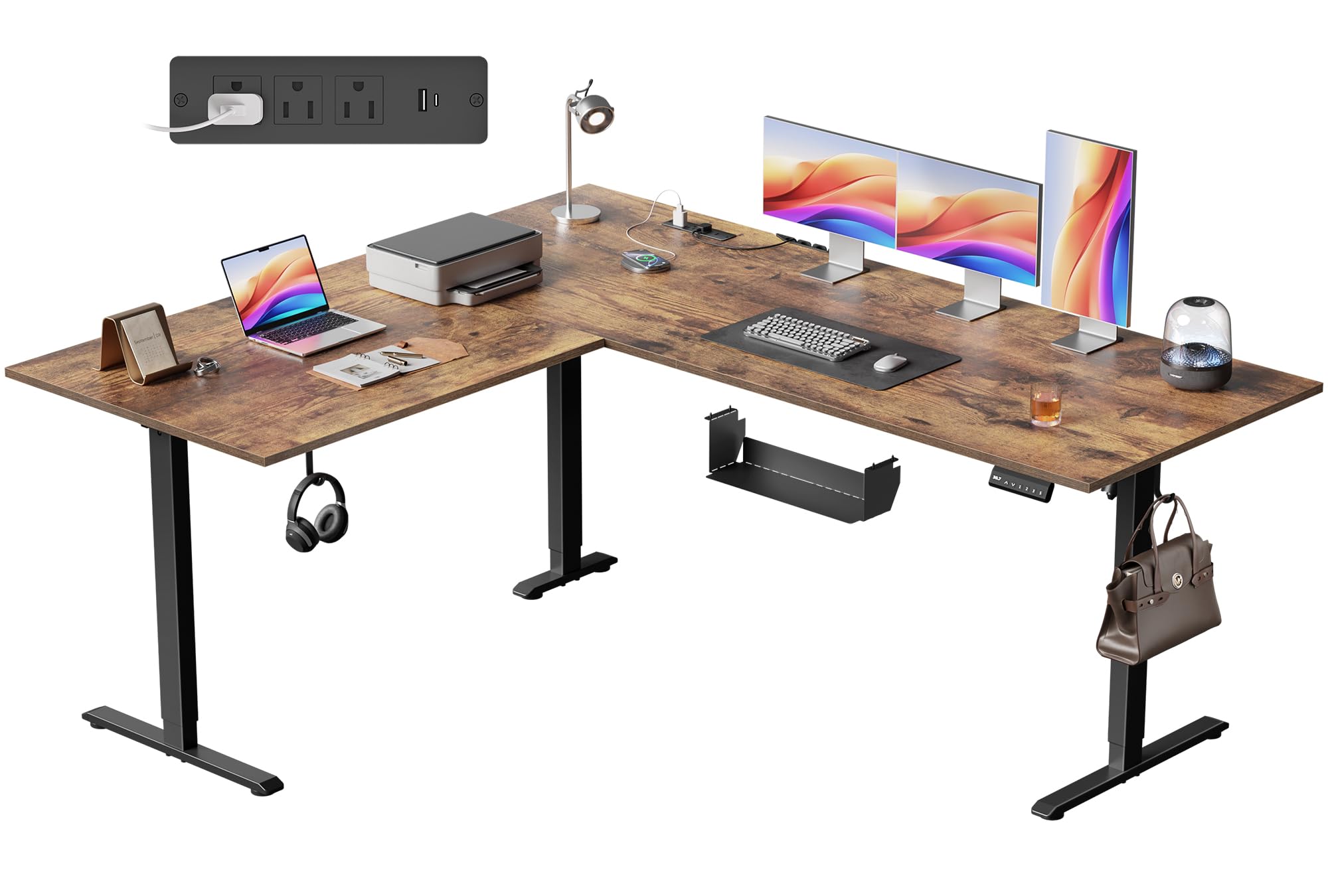 Agilestic 63x55 Inch L Shaped Electric Standing Desk, Corner Workstation, Rustic Brown