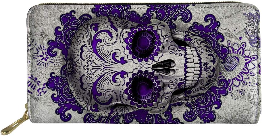 BinientySugar Skull Purple Print Slim Wallet for Women Girls, Credit Card Holder Leather Purse
