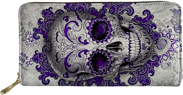 Biyejit Purple Skull Women Wallet Cute Sloth Flower Tree Coin Purse Clutch Cell Phone Case Gift for Girls