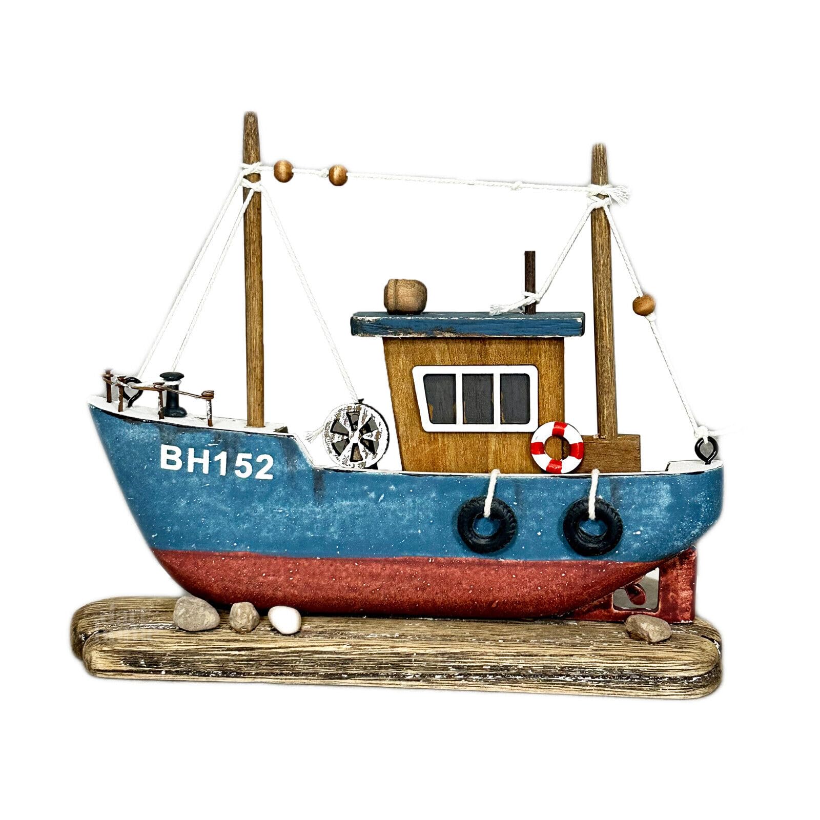 Darthome Blue Wooden Trawler Ornament Fishing Boat Model Rustic Nautical Bathroom Decoration 18X15cm
