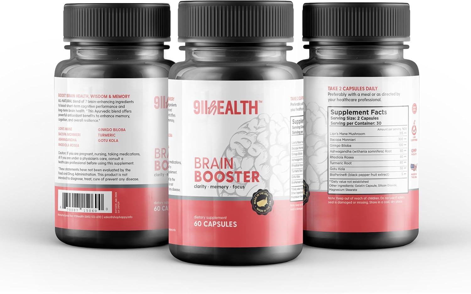911HEALTH Brain Booster – Nootropic Dietary Supplement for Memory Boost – 60 All-Natural Capsules to Enhance Focus & Improve Concentration & Clarity – Brain Health & Better Cognitive Performance - Image 2