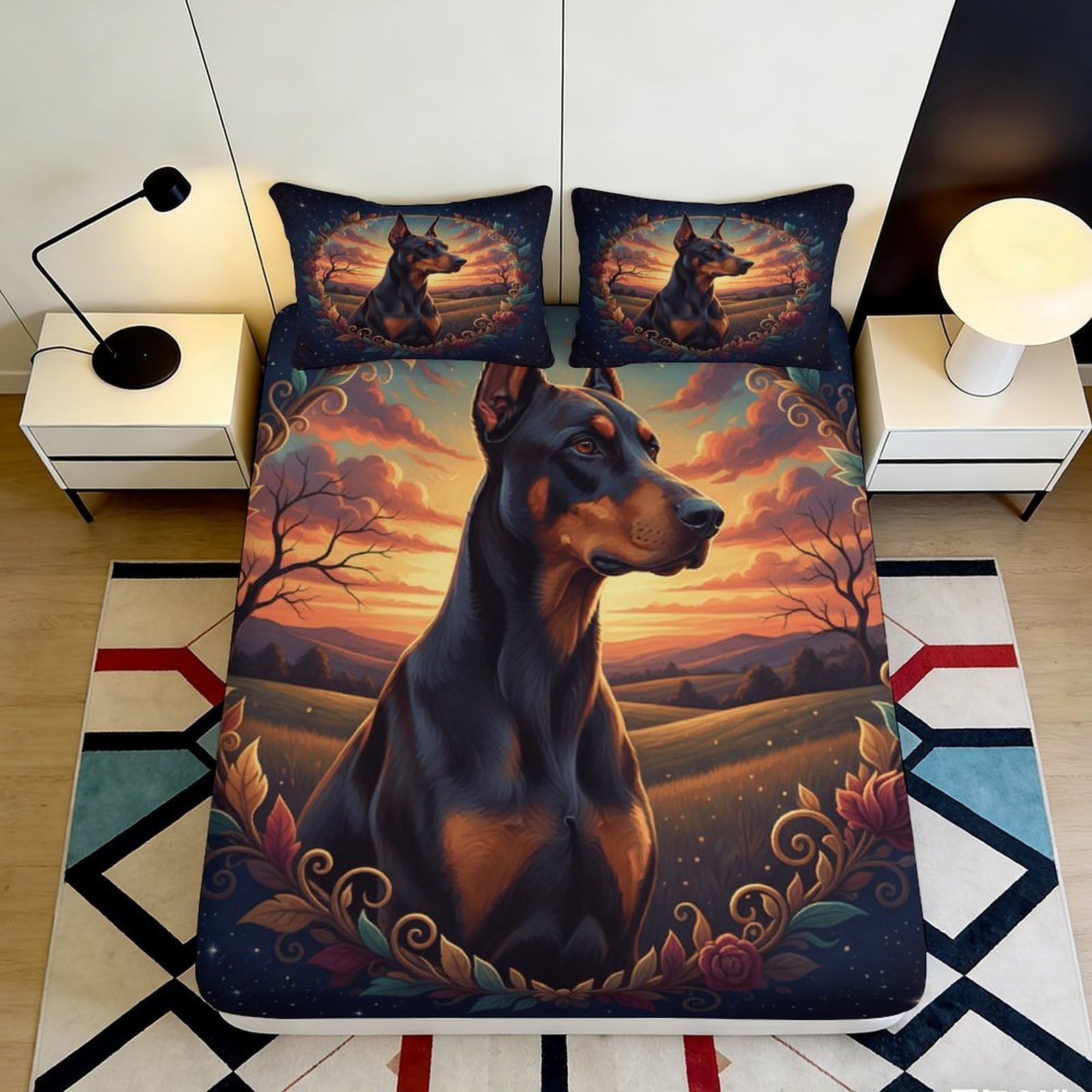 3D Printed Doberman Dog Fitted Sheet Microfiber Durable Soft 3D Printed Sunset Landscape Mattress Cover for Bedroom Dormitory Guest Room 180x200x25cm