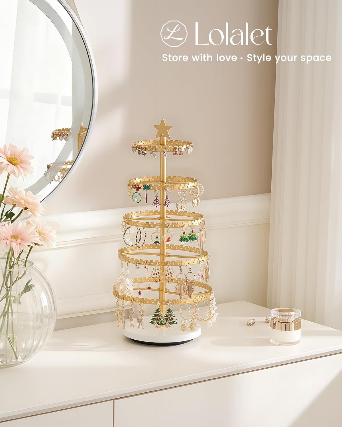 Lolalet 5-Tier Rotating Earring Holder Organizer, Metal Earring Display Stand Large Tree-shaped Rack for Studs Hoops Dangling Earrings, Gift for Women and Girls -Gold