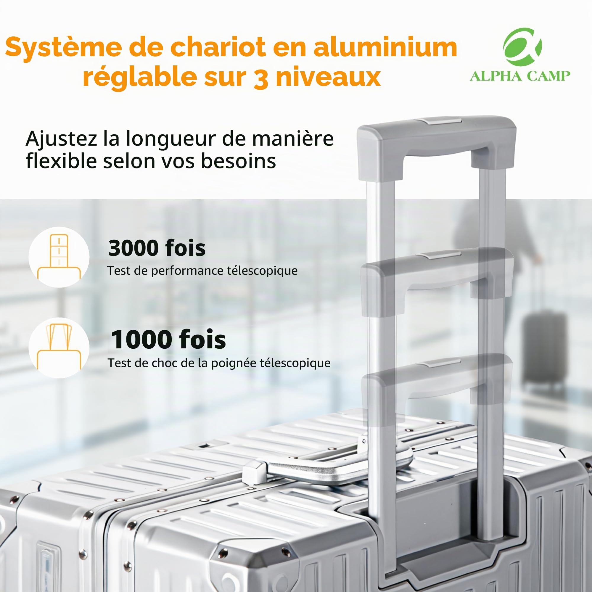 ALPHA CAMP Valise Grand Taille 44x26.5x66CM Valise avec Serrure TSA Valise Rigide à roulettes Polycarbonate et Cadre en Aluminium Valise Argenté Femme Bagage de Voyage Luggage 65L