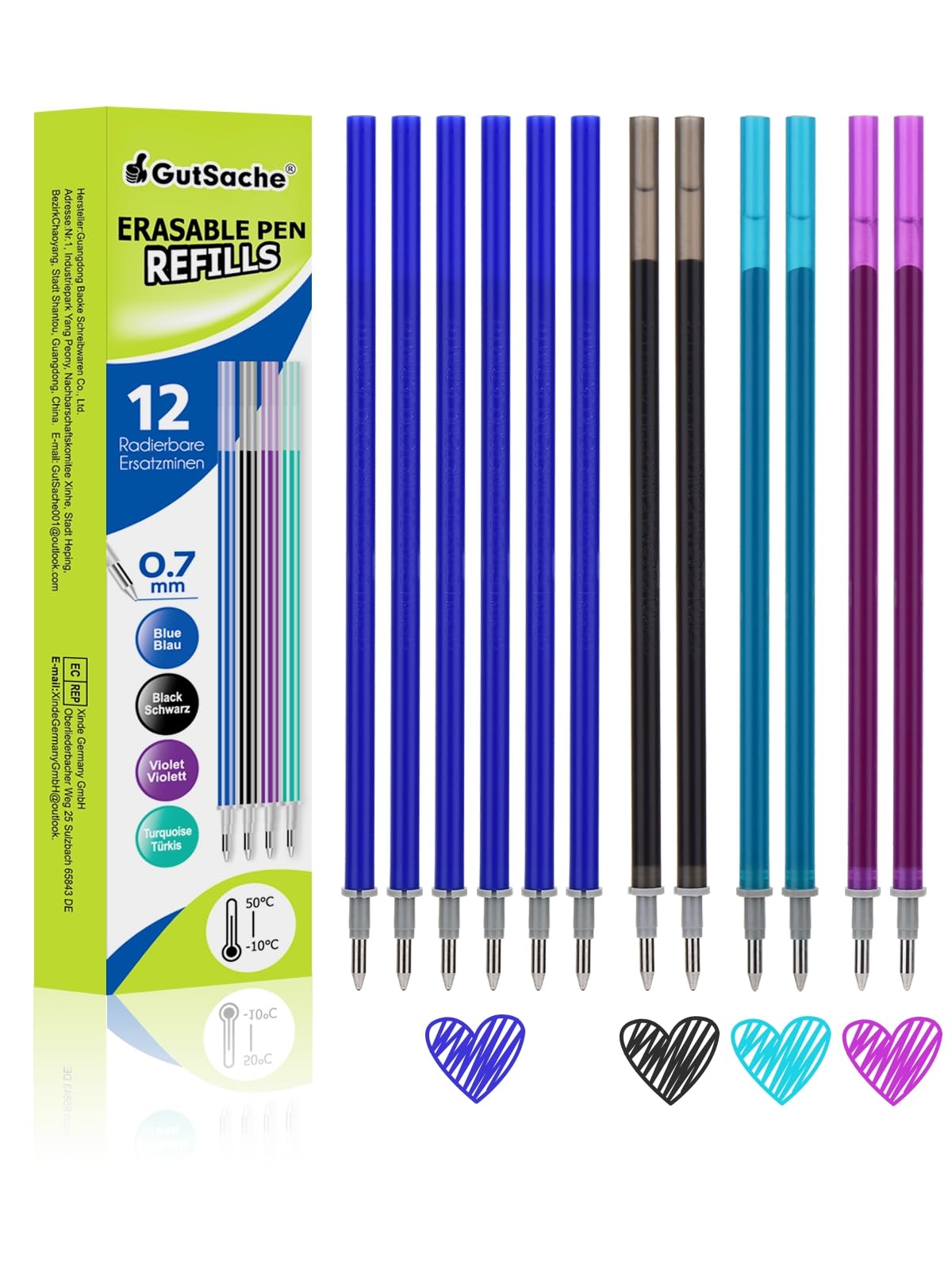 GutSache 12x Radierbarer Ersatzminen Kompatibel mit Legami, Stiftspitze 0,7mm - Höhe 13 cm - Gelschreibermine Radierbar - Ideal für Büro und Schule