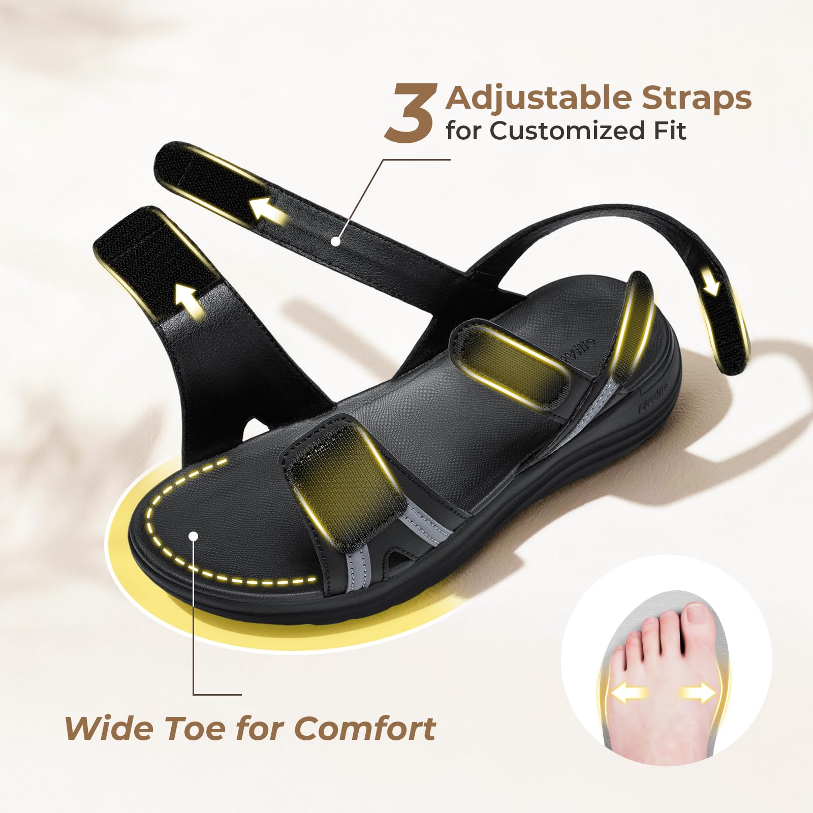 FitVille Sandali Donna Larghi per Piedi Sensibili Comodi con Punta Aperta Sandali Estivi Leggeri Taglie 35.5-42.5 EU