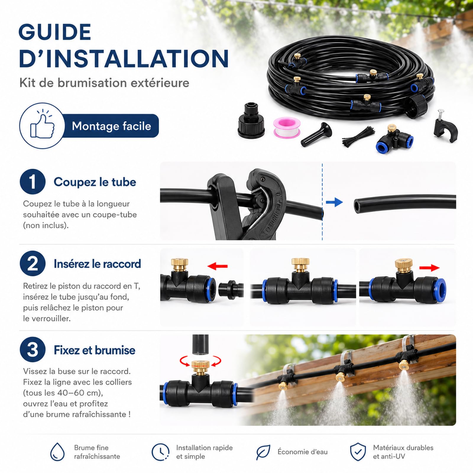 Générique Brumisateur Terrasse Exterieur Kit, Convient aux patios, Jardins, serres, piscines et parasols (20m)