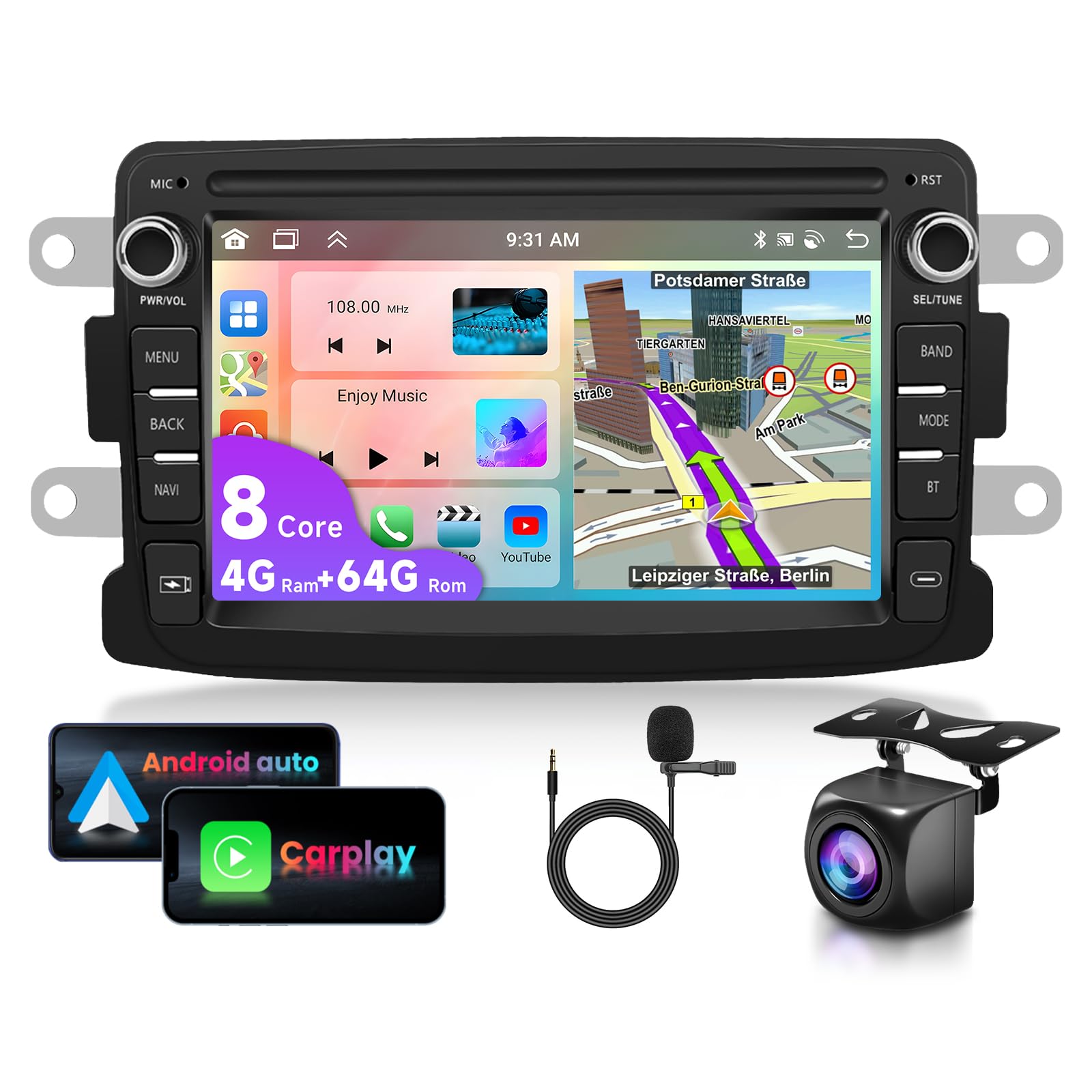 4G+64G 8-Core VECHTEL 7 "Autoradio Bluetooth Für Renault Dacia Duster Sandero Dokker Logan Lodgy Captur Carplay Android Auto,WiFi GPS Navi RDS/FM DSP,Android 13 Radio 2 din mit AHD Rückfahrkamera