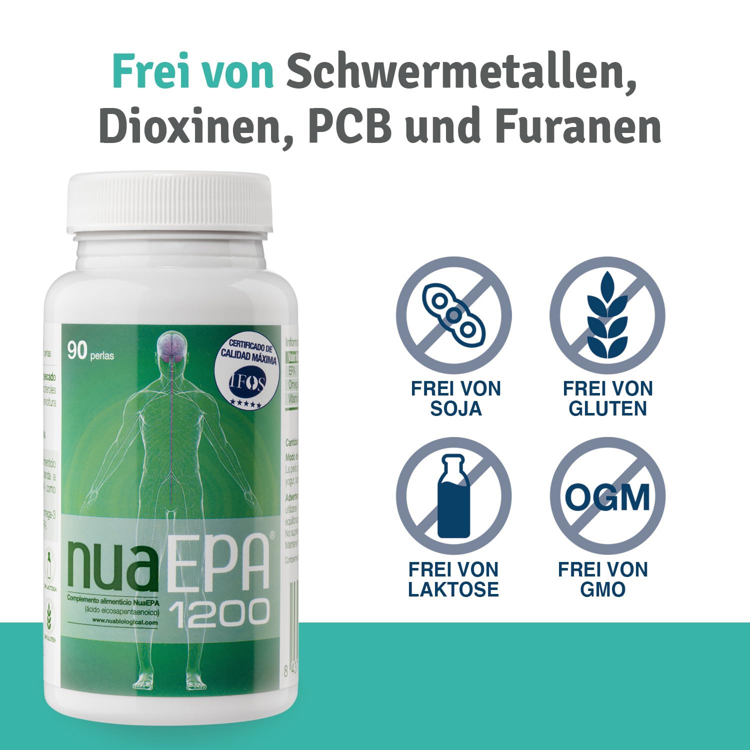 Nua Biological NuaEPA®1200 – Omega-3 100% EPA – 90 Kapseln (3 Monate) – 1200 mg EPA pro Kapsel – Triglycerid-Form – Hohe Konzentration – Ohne leere Fette