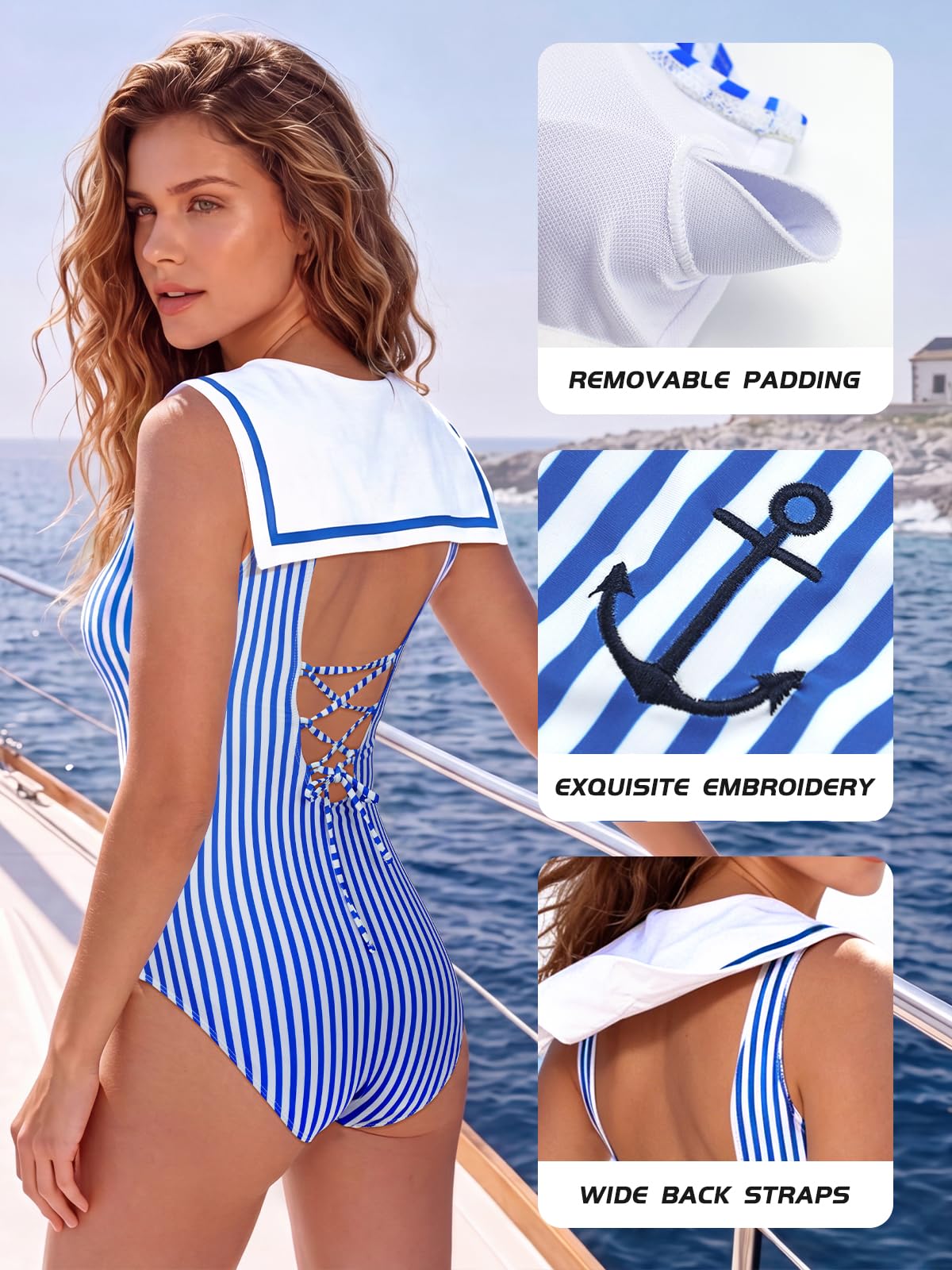 SHEKINI Maillot de Bain Une Pièce Femme Gainant Style Marine Maillot de Bain Femme 1 Piece