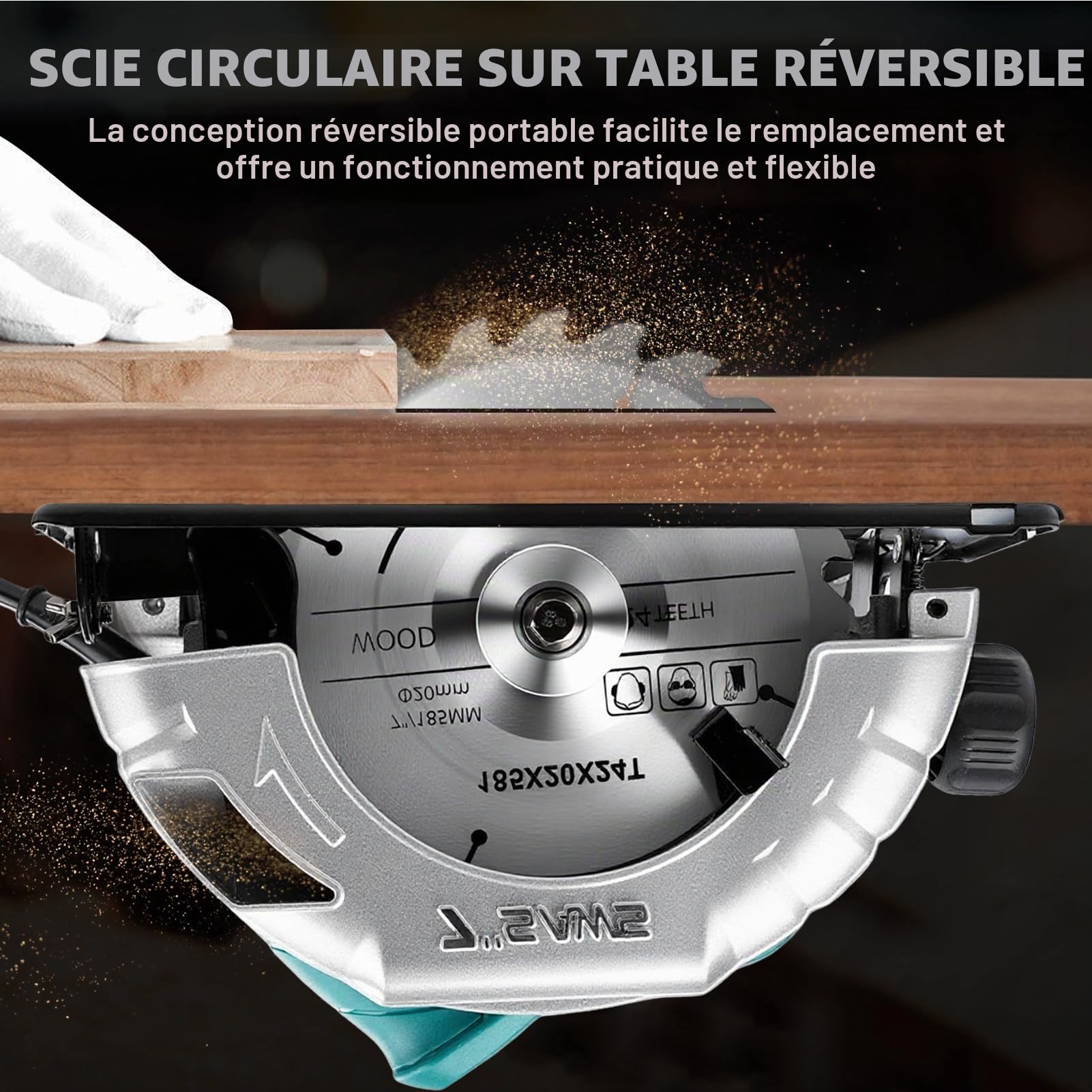 Scie Circulaire 1200W avec Rail de Guidage, Scie Circulaire Électrique Filaire 5200RPM, Profondeur de Coupe Max : 60mm (90°) et 45mm (45°), 3 Lames de Scie Ø : 185mm (24T + 40T + 60T) pour Bois, PVC