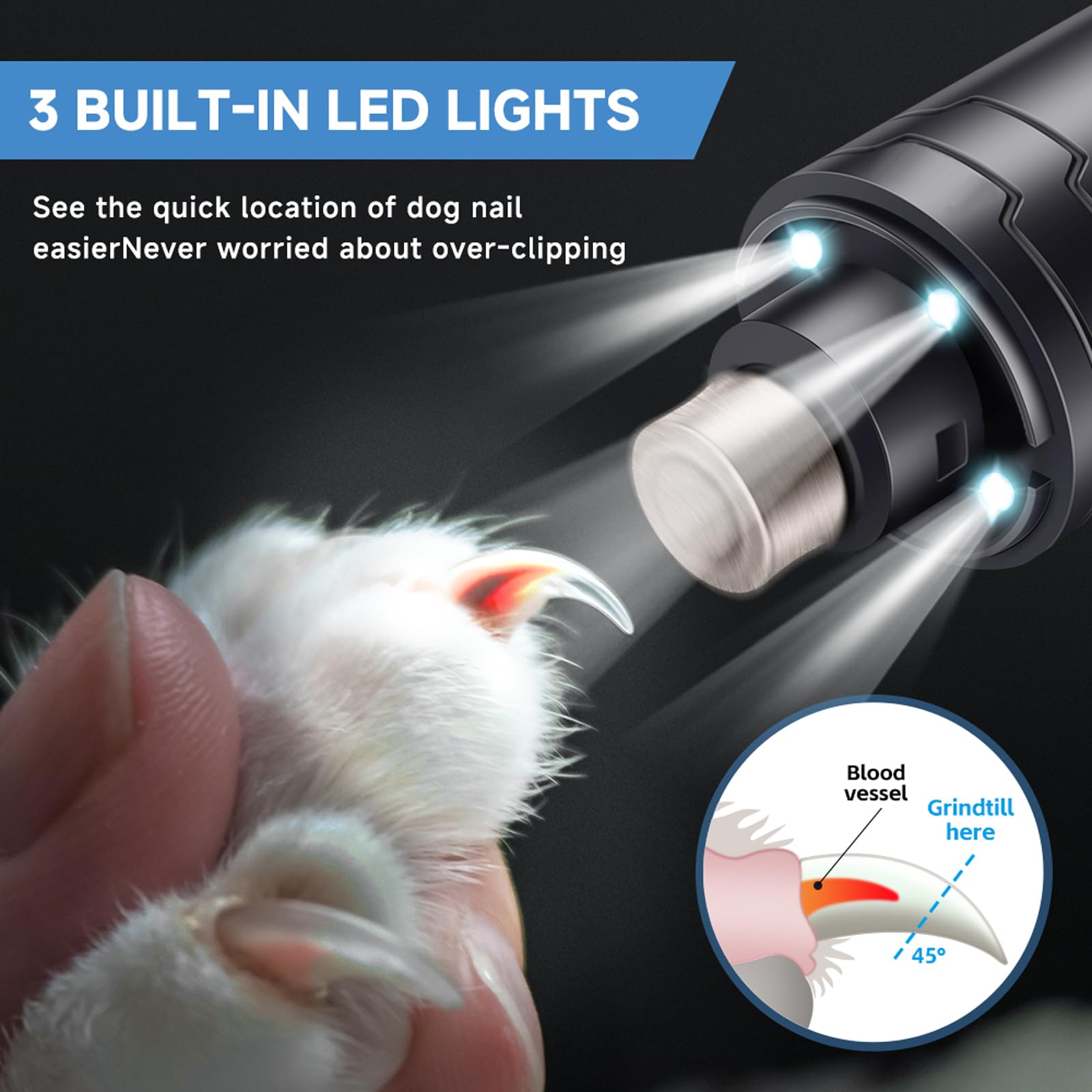 Dog Nail Grinder Quiet 2-Speed Pet Nail Grinder with 3 Led Lights and 3 Ports Rechargeable Electric Dog Nail Trimmer for Large and Small Dogs/Cats and Small Animals Safe (Black) - image 3