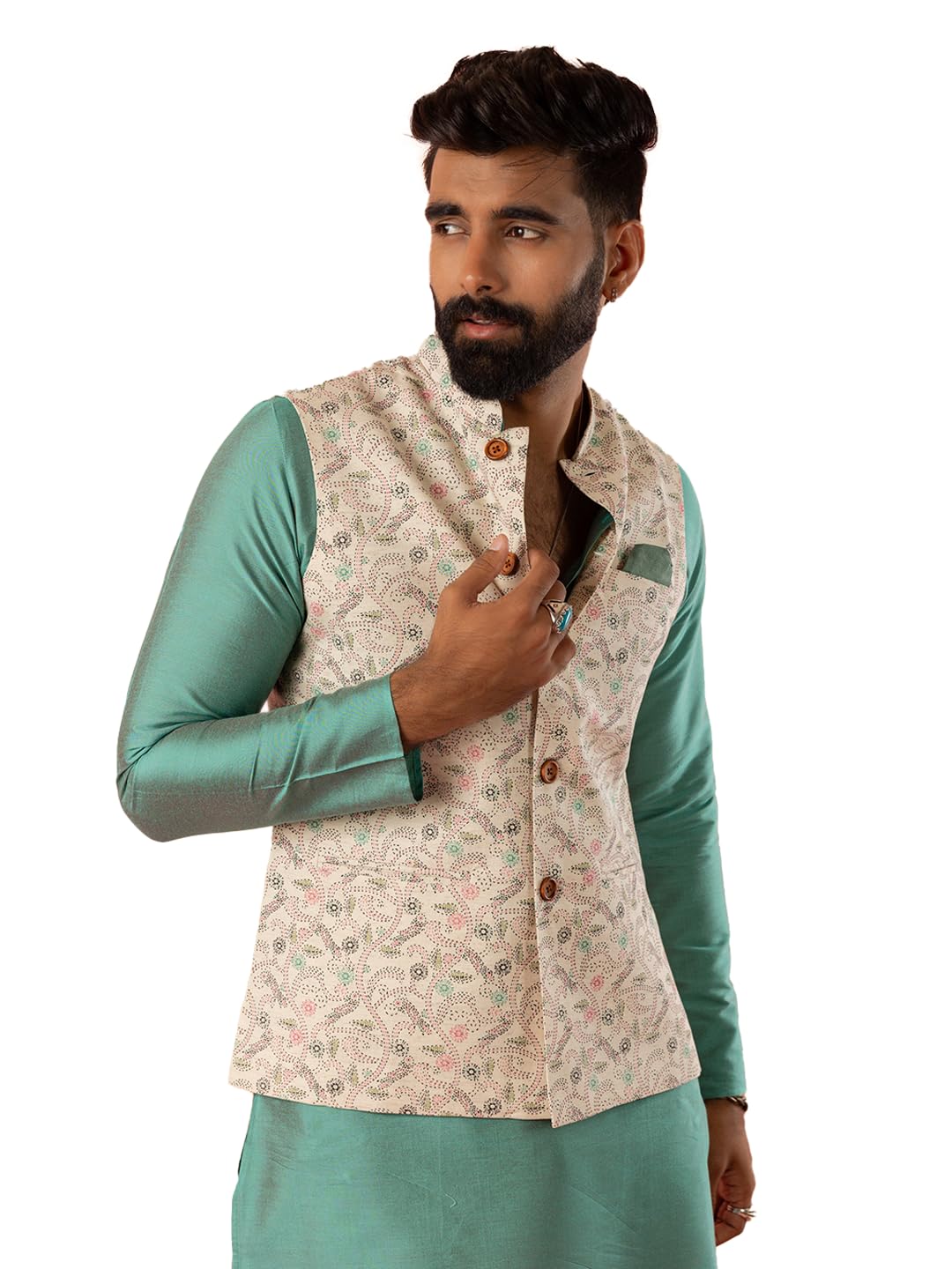 kisah Men's Nehru Jacket, Black Jacquard, Floral Regular Fit Mandarin Collar Sleeveless-picture-14