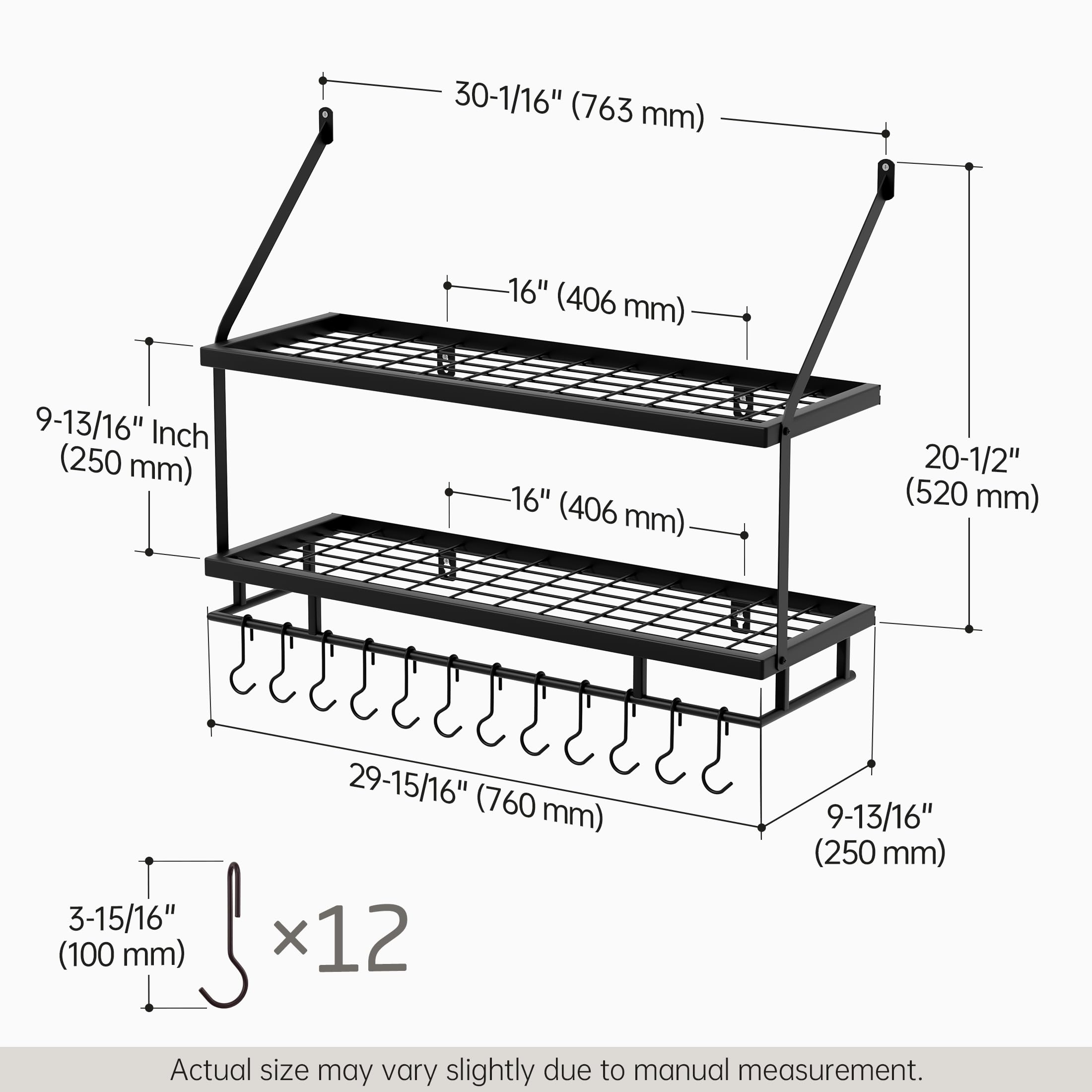 KES Estante de Cocina para Colgar 75CM Soporte para Ollas y Sartenes 2 Niveles con 12 Ganchos Almacenaje Organizador Negro, KUR215S75-BK