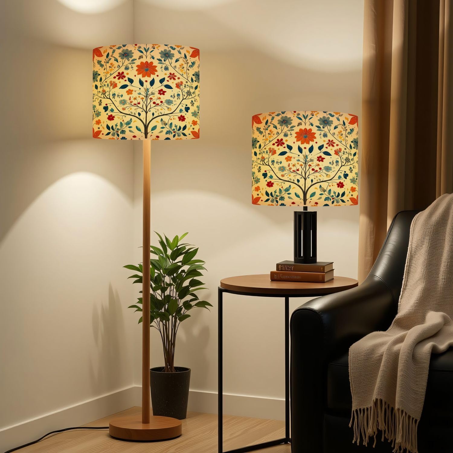 Linen Drum Lamp Shades 1 Pack, 13''Wx10"H, Floral Orange Red Blue Yellow Flowers Beige Replacement Lampshades for Floor Lamps Table Lamps Modern Farmhouse Lampshade Easy Assembly