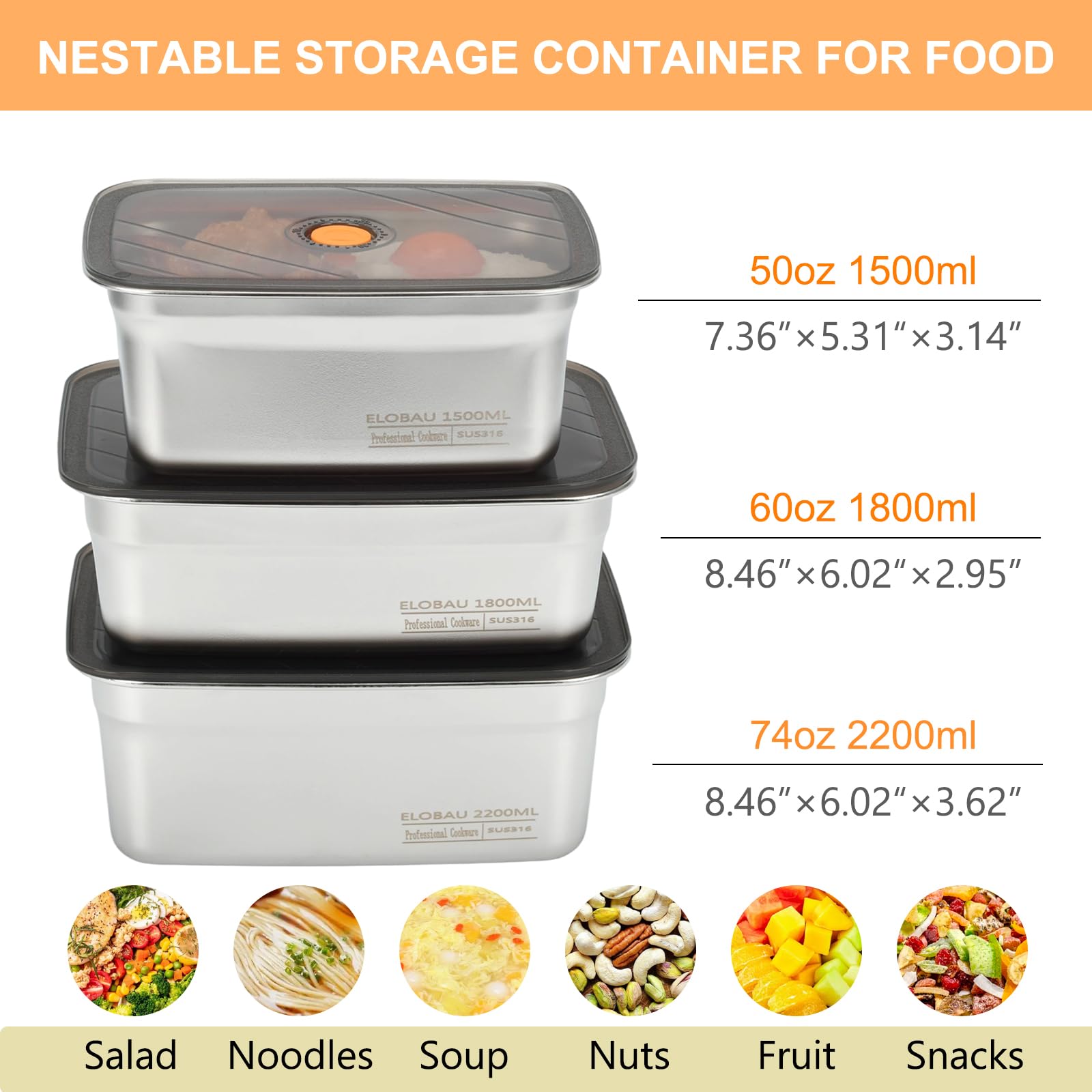 Confezione da 3 contenitori per alimenti con coperchio, in acciaio inox, ermetici, a prova di perdite, contenitori per conservare gli avanzi di cibo a casa o per campeggio, viaggi su strada (3 pezzi)