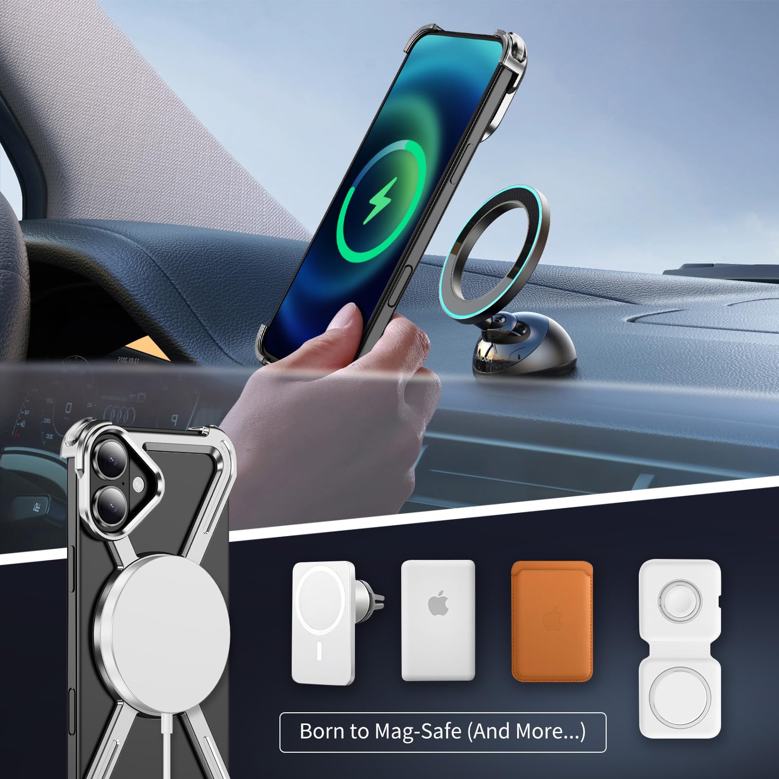 QIWEIQING Etui szkieletowe do iPhone'a 17 16.0 cm, ochrona klasy wojskowej, magnetyczna podpórka 360°, kompatybilna z MagSafe, tytanowa, odporna na wstrząsy osłona do iPhone 17 16.0 cm, srebrne, THJ