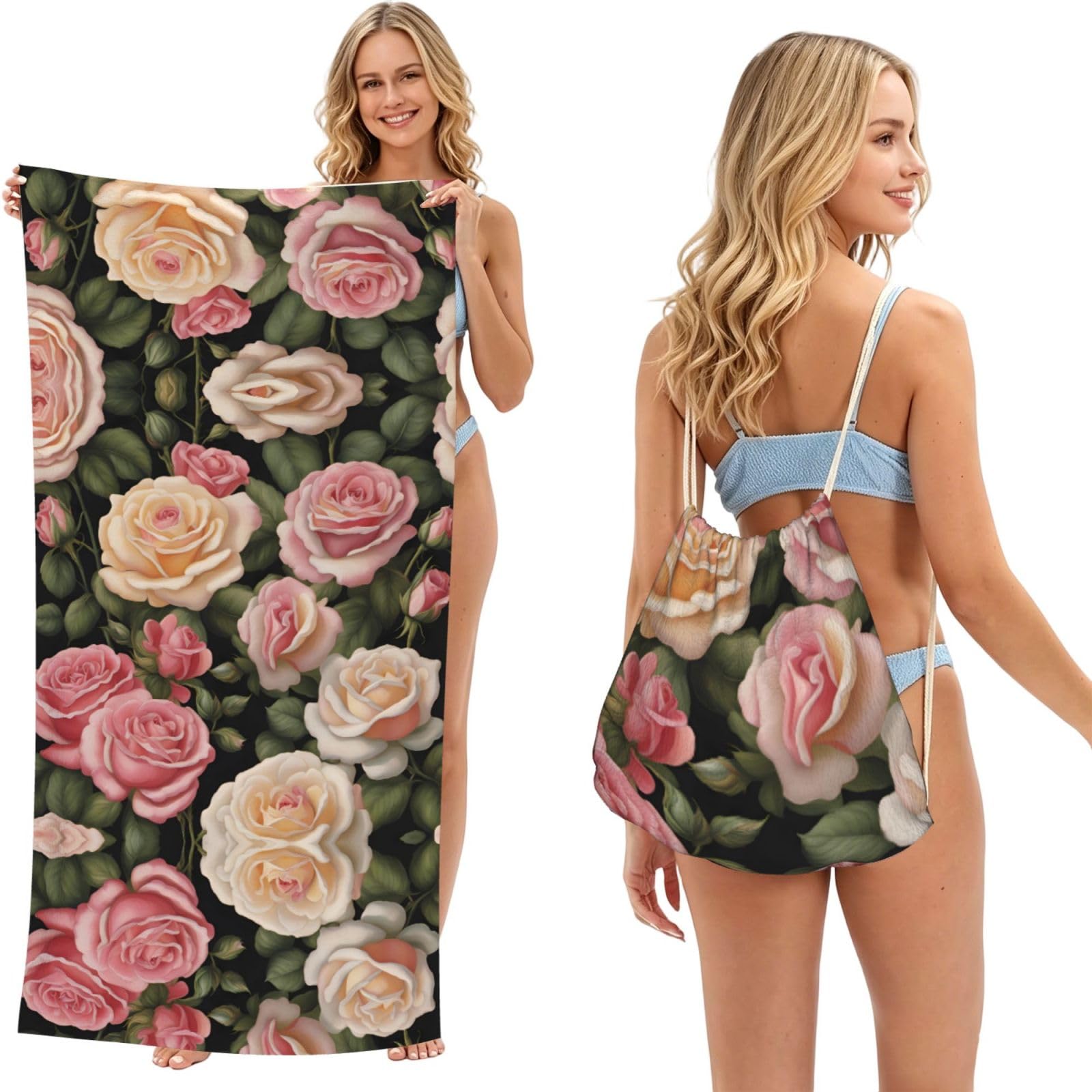 SXZVVBN Many beautiful roses 2-in-1 Beach Towel Bag, Quick Dry Sand Free Travel Towel Backpack for Adults