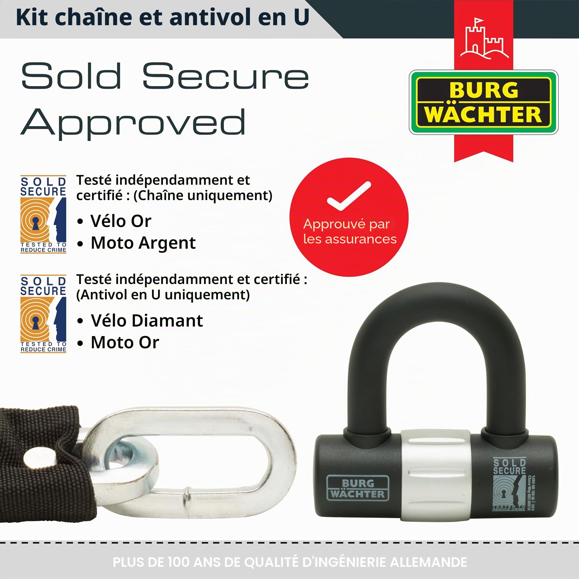 Burg-Wachter Kit chaîne et cadenas pour vélo - 1,5 m - Noir