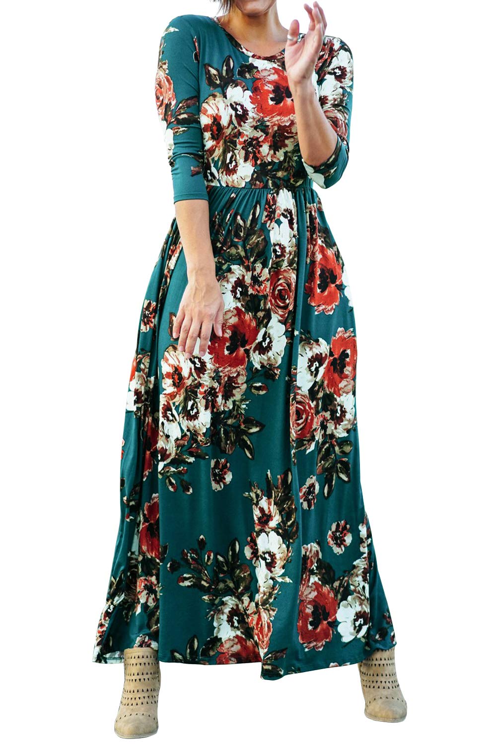 MITILLY Women's Floral Print 3/4 Sleeve Pockets Casual Swing Pleated Long Maxi Dress Small Teal