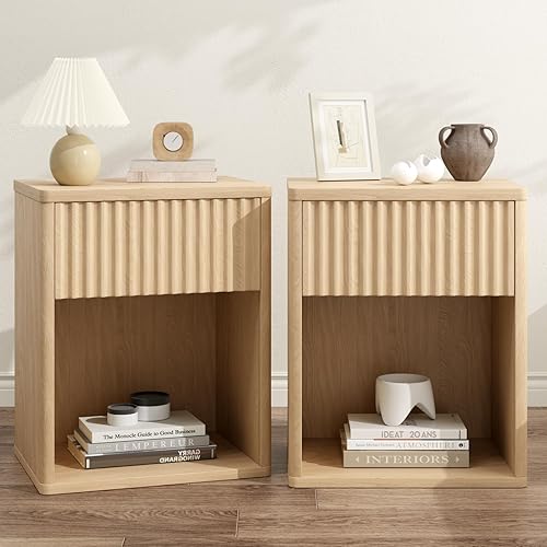 Fluted Nightstands Set of 2, Wooden End Table Bed Side