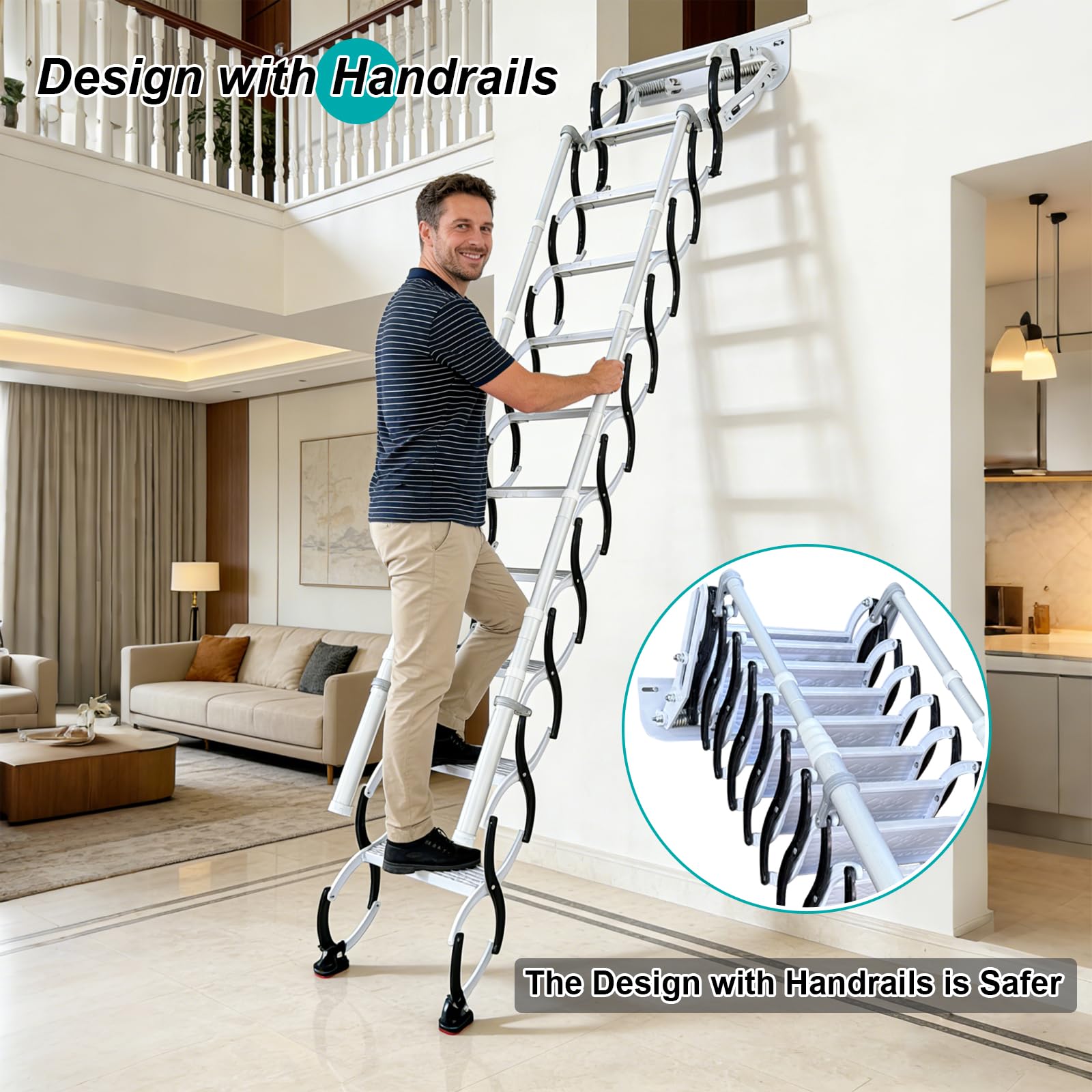 Escalera Plegable de Pared con 2 pasamanos, Escalera Telescópica para Ático Plegable, Capacidad 300 kg, Altura aplicable de 2.69 a 2.79 m (11 escalones)