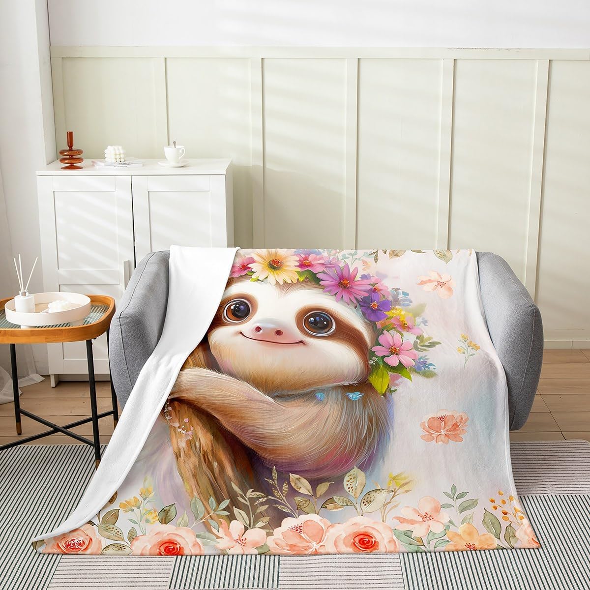 Cute Sloth Kids Flannel Blanket,Rose Flowers Tropical Jungle Animal Boys Girls Bed Blanket,Butterfly Plant Insect Pink Cartoon Fuzzy Blanket,Queen Size (90 x 90 Inches)