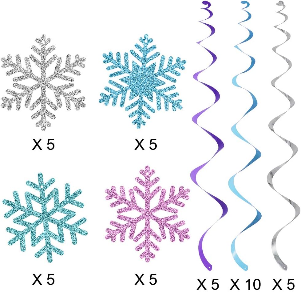 20Pcs Winter Snowflake Hanging Swirls Decorations, Winter Hanging Ceiling Streamers Purple Blue White Snowflakes Garland for Winter Wonderland New Year Baby Shower Winter Birthday Party Decorations