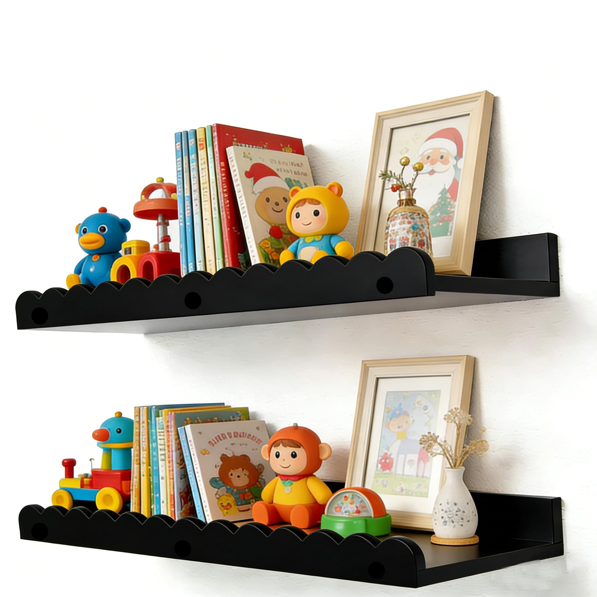 Guittly Nursery Shelves, Floating Book Shelves Set of 2, Wall Mounted Bookshelf for Kids Room, Solid Pine Wood Floating Shelves for Toddler Room, Bedroom Wall Decor (Black)
