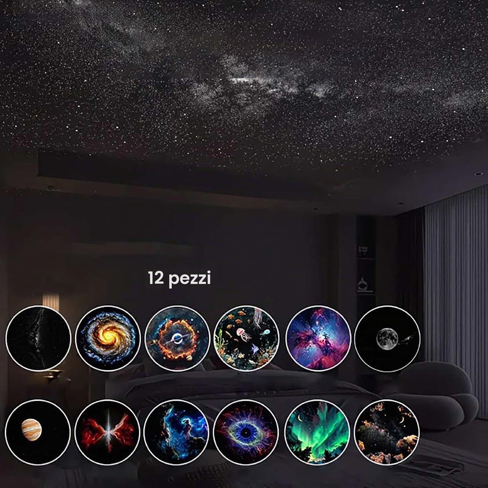 Proiettore Galaxy, Proiettore Cielo Stellato e Luce Notturna 2 in 1, Lampada Galattica a LED orientabile a 360°, Illuminazione d'atmosfera USB Via Lattea per decorare il soffitto (12Pcs)